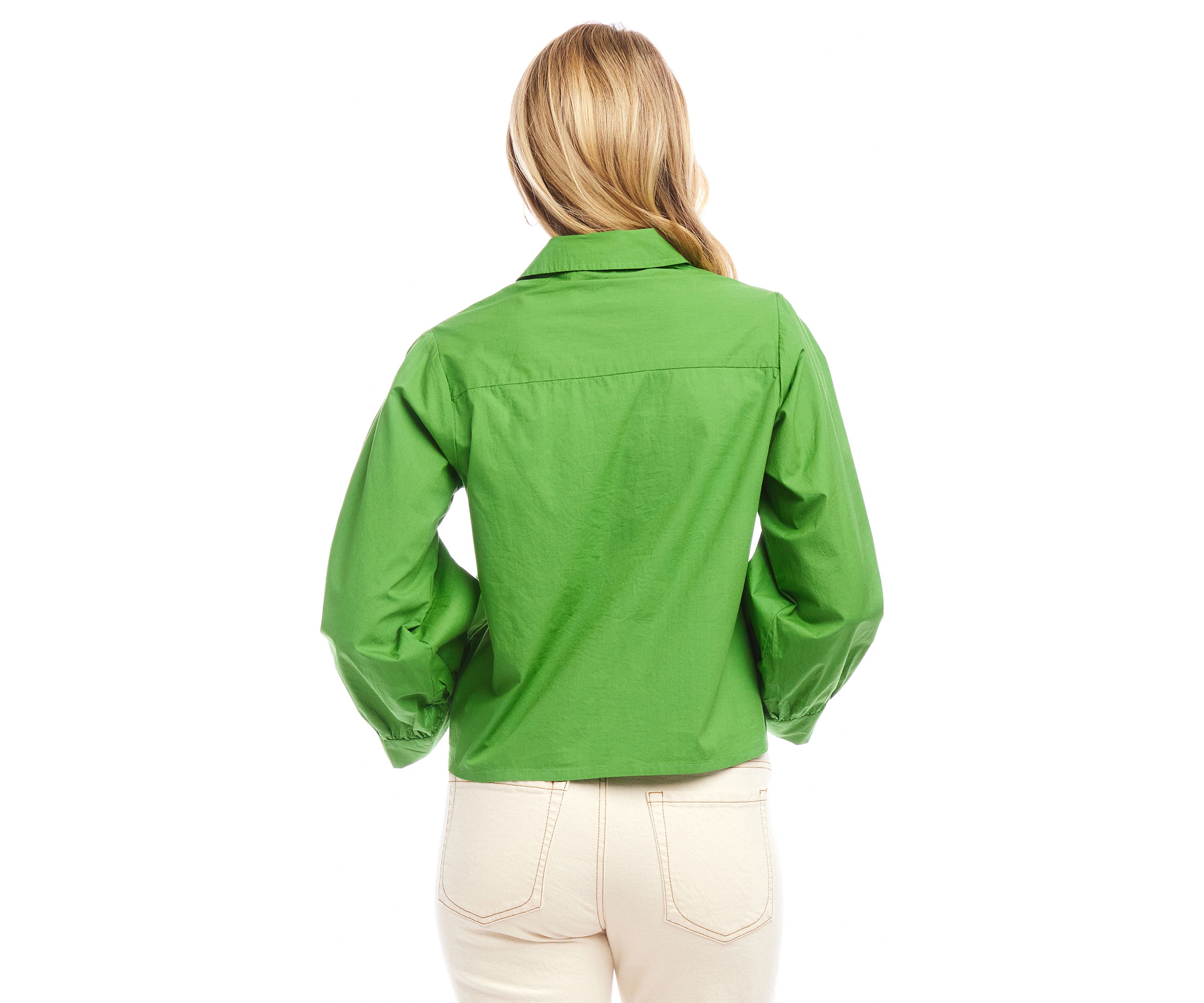 Womens Blouson Sleeve Embroidered Tie Front Top