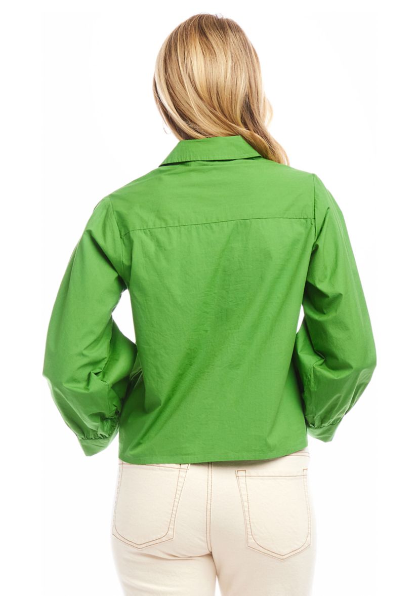 Womens Blouson Sleeve Embroidered Tie Front Top