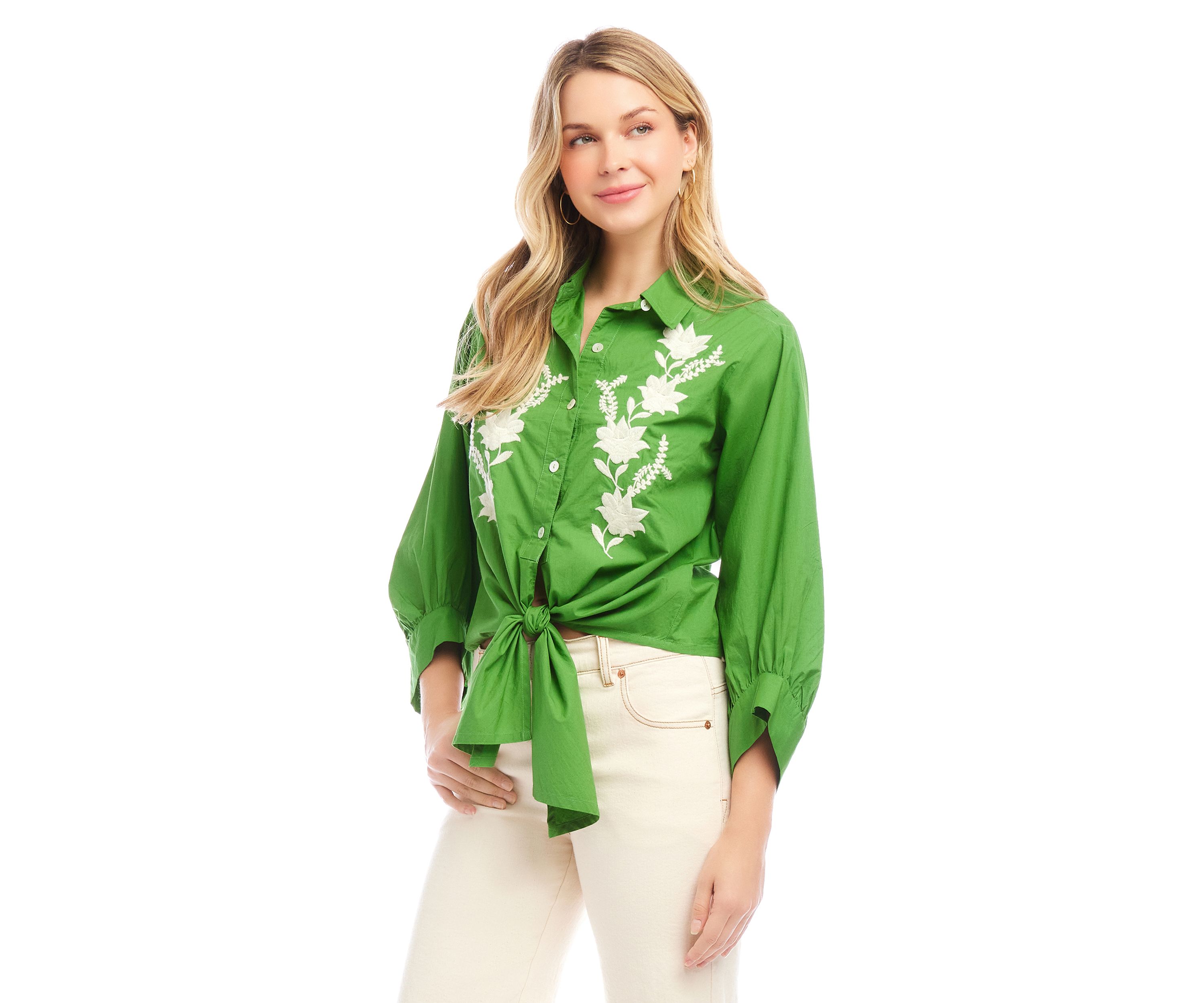 Womens Blouson Sleeve Embroidered Tie Front Top