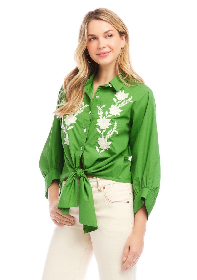 Womens Blouson Sleeve Embroidered Tie Front Top