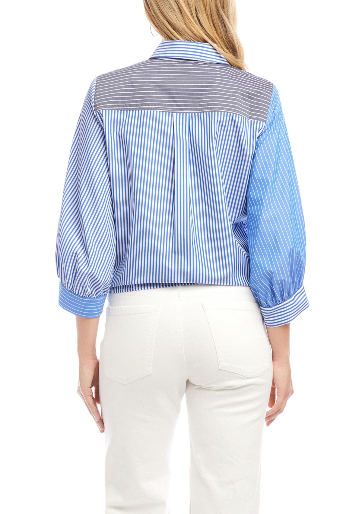 Womens Blouson Sleeve Mixed Stripe Tie-Front Top
