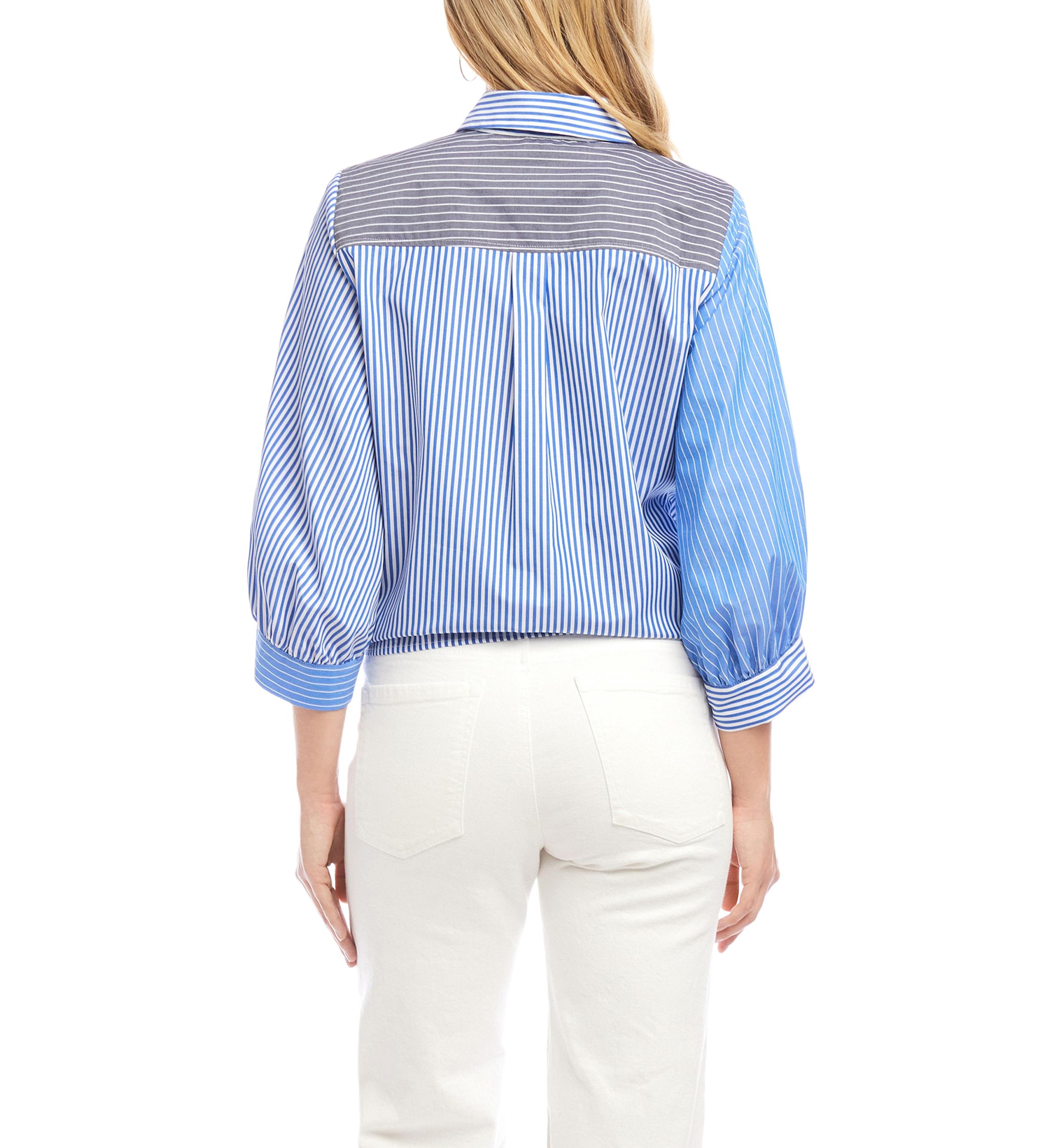 Womens Blouson Sleeve Mixed Stripe Tie-Front Top