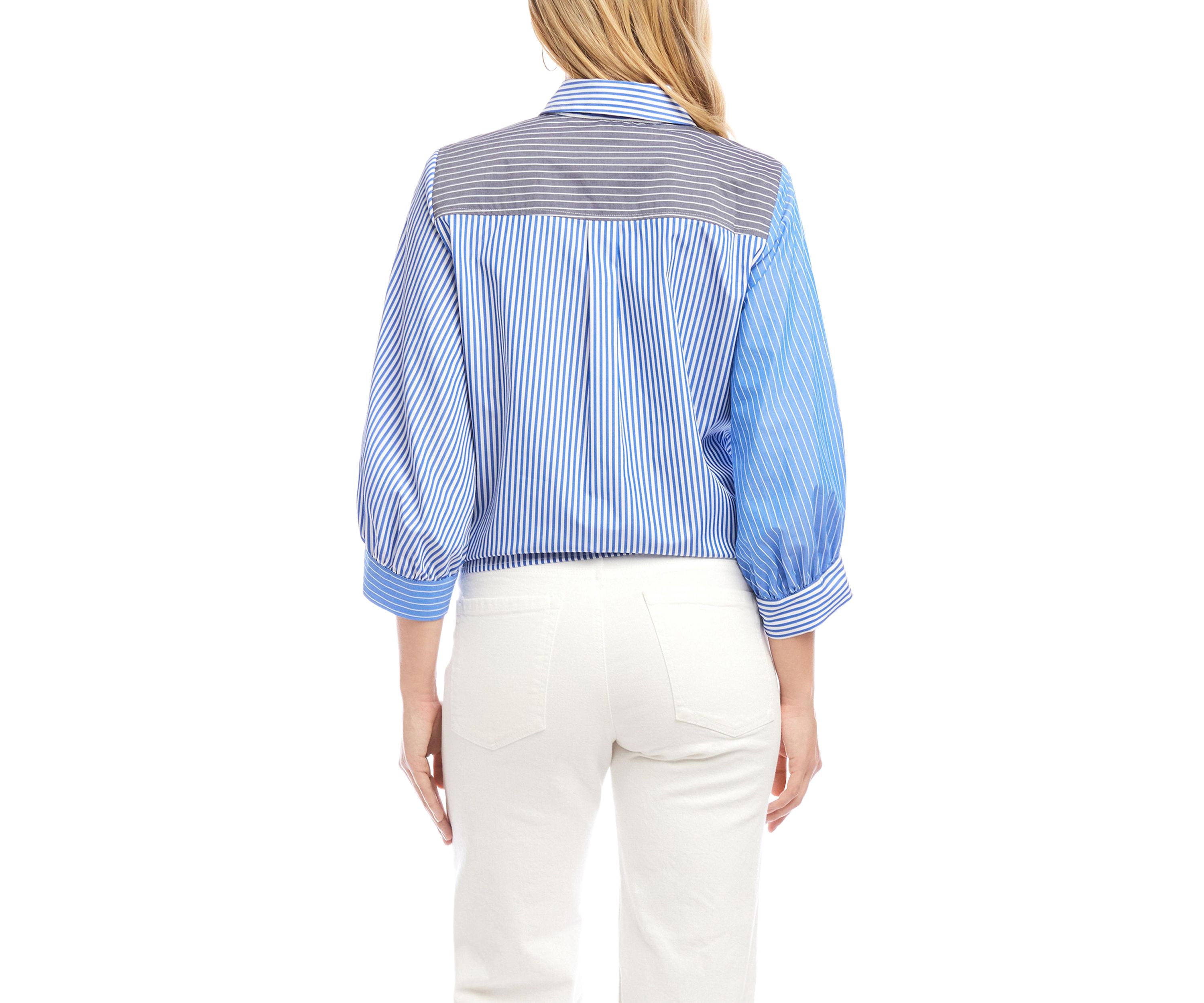 Womens Blouson Sleeve Mixed Stripe Tie-Front Top