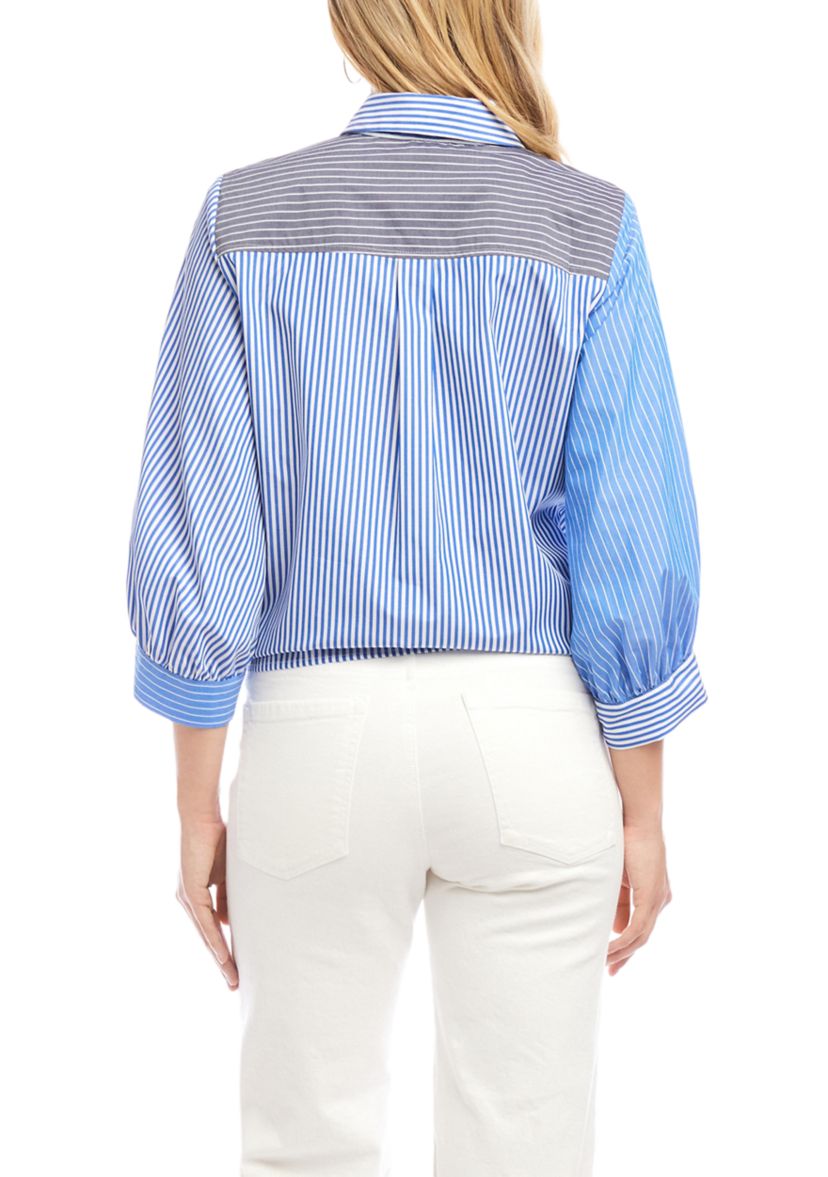 Womens Blouson Sleeve Mixed Stripe Tie-Front Top