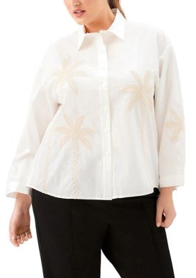 Karen Kane Women's Plus Size Bell Sleeve Embroidered Palm Tree Shirt, 1X