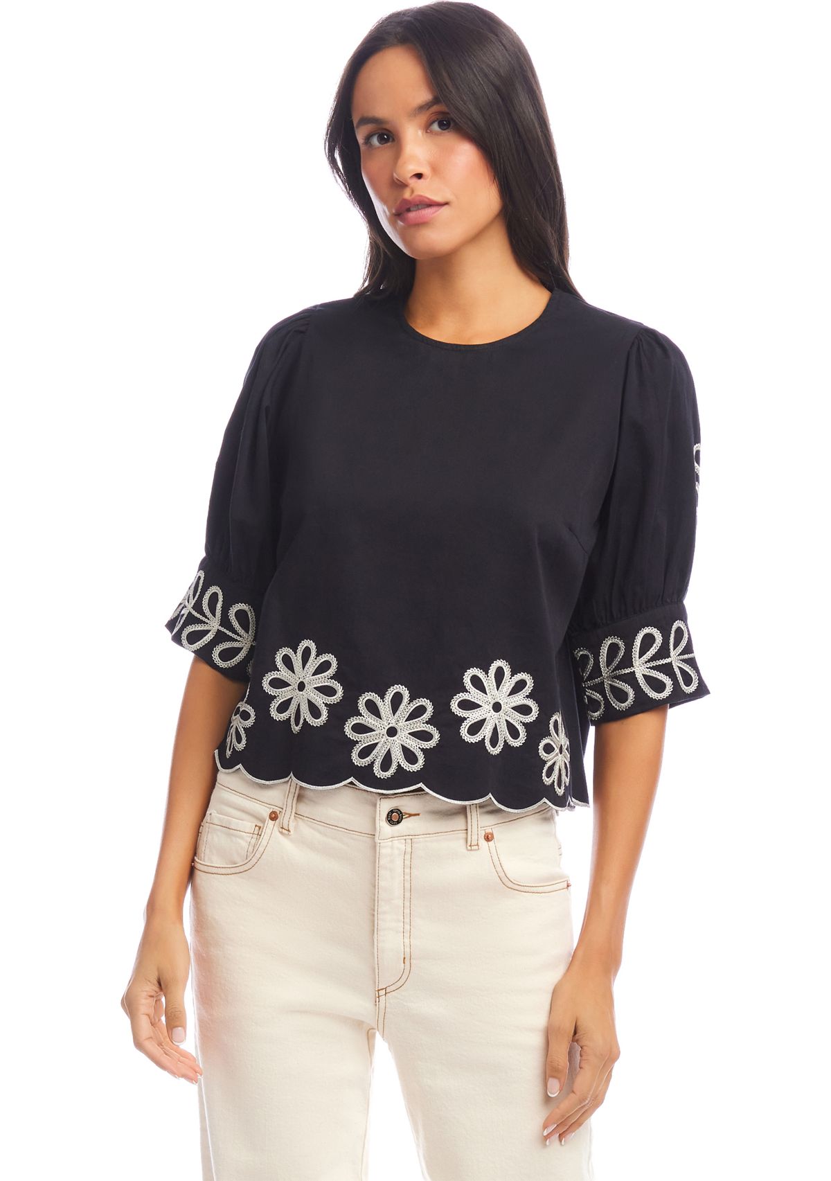 Petite 3/4 Sleeve Embroidered Scallop Top