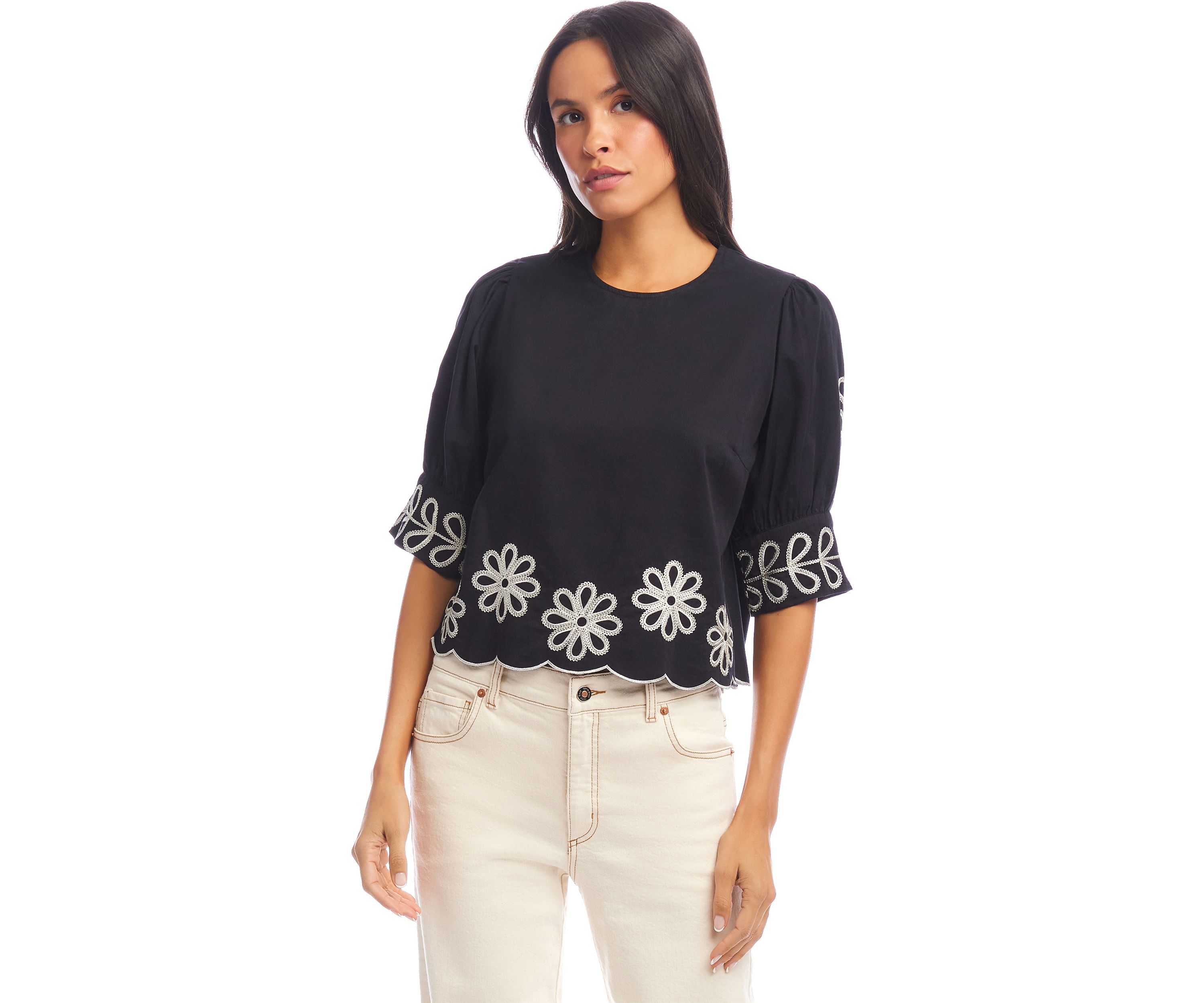 Petite 3/4 Sleeve Embroidered Scallop Top
