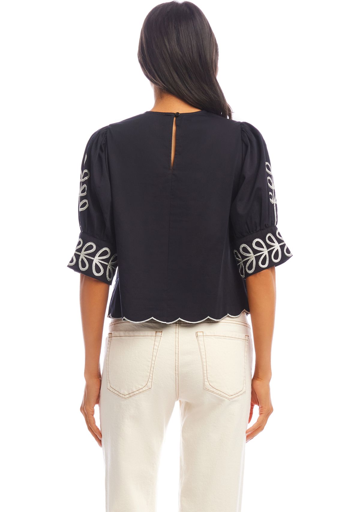 Petite 3/4 Sleeve Embroidered Scallop Top