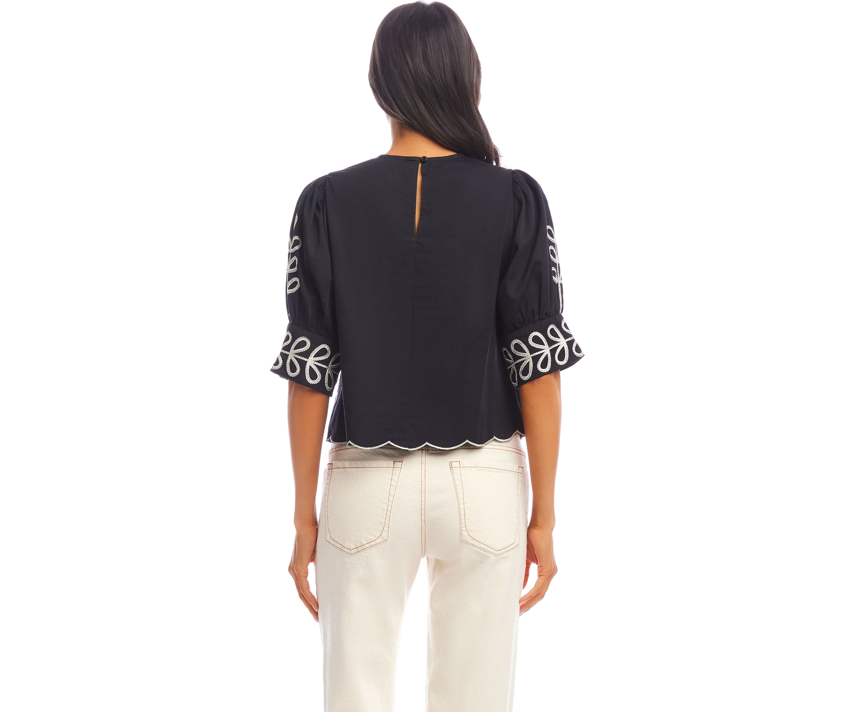 Petite 3/4 Sleeve Embroidered Scallop Top