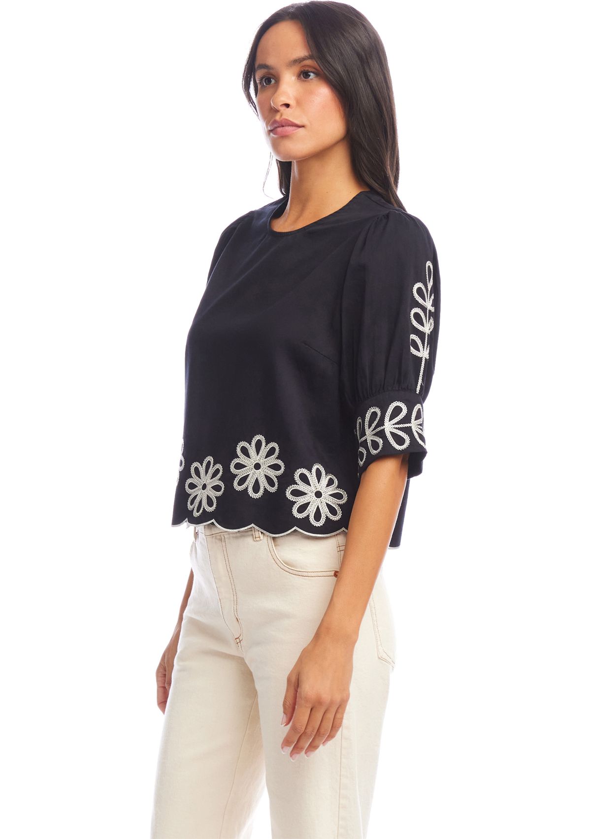 Petite 3/4 Sleeve Embroidered Scallop Top