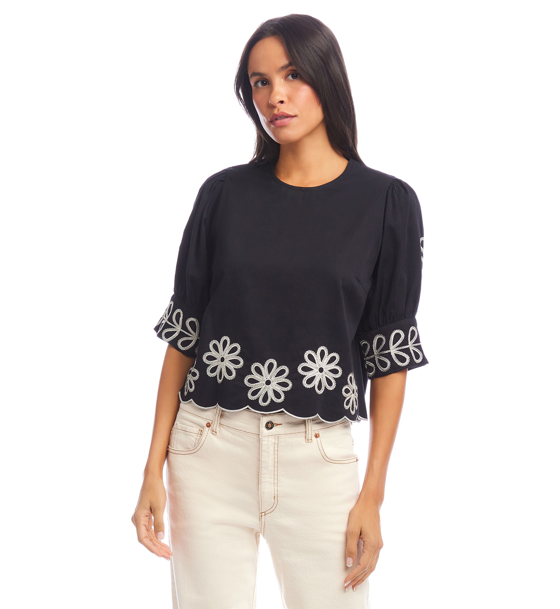 Womens Elbow Sleeve Embroidered Scallop Top