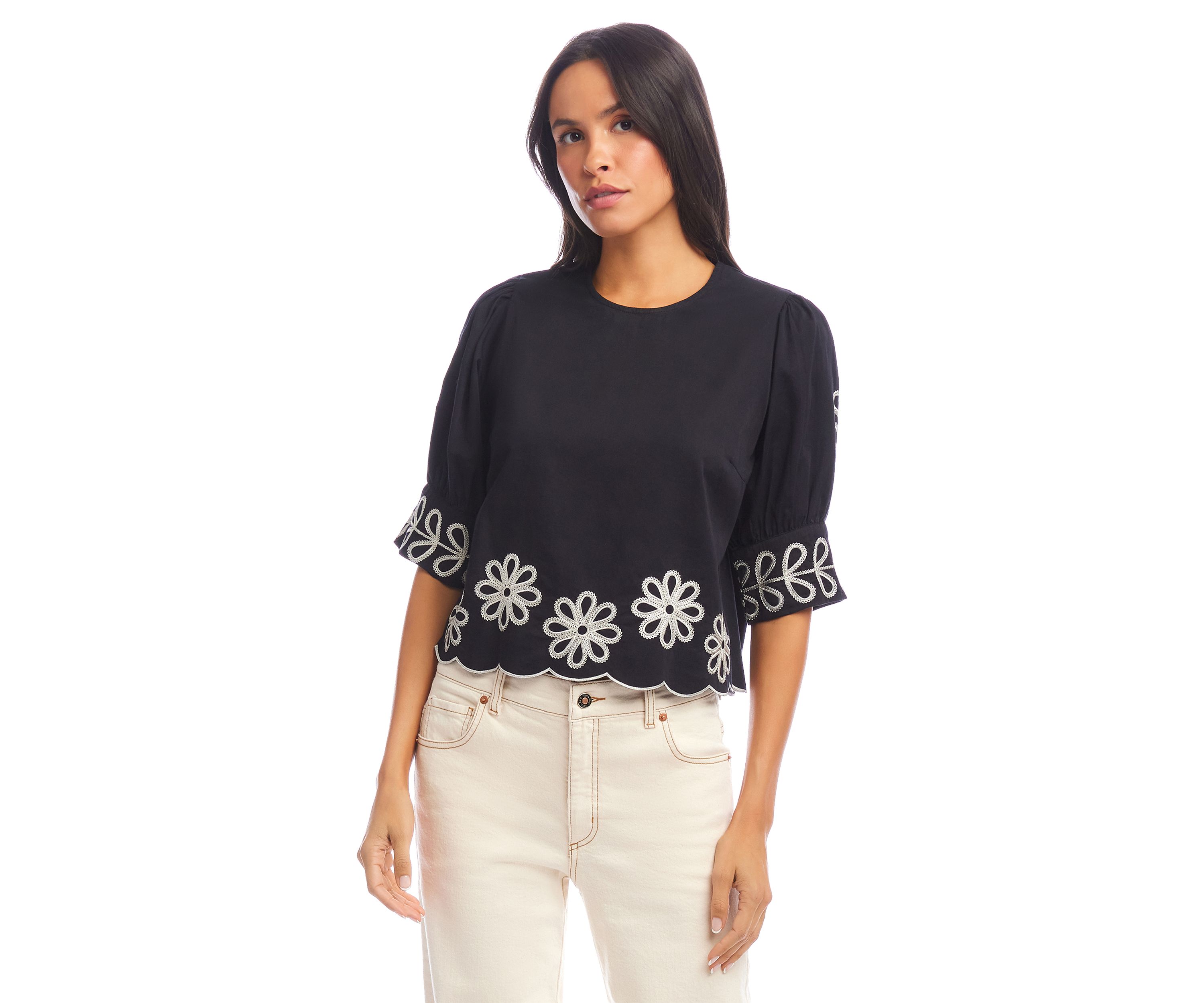 Womens Elbow Sleeve Embroidered Scallop Top