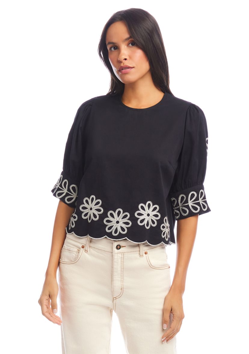 Womens Elbow Sleeve Embroidered Scallop Top