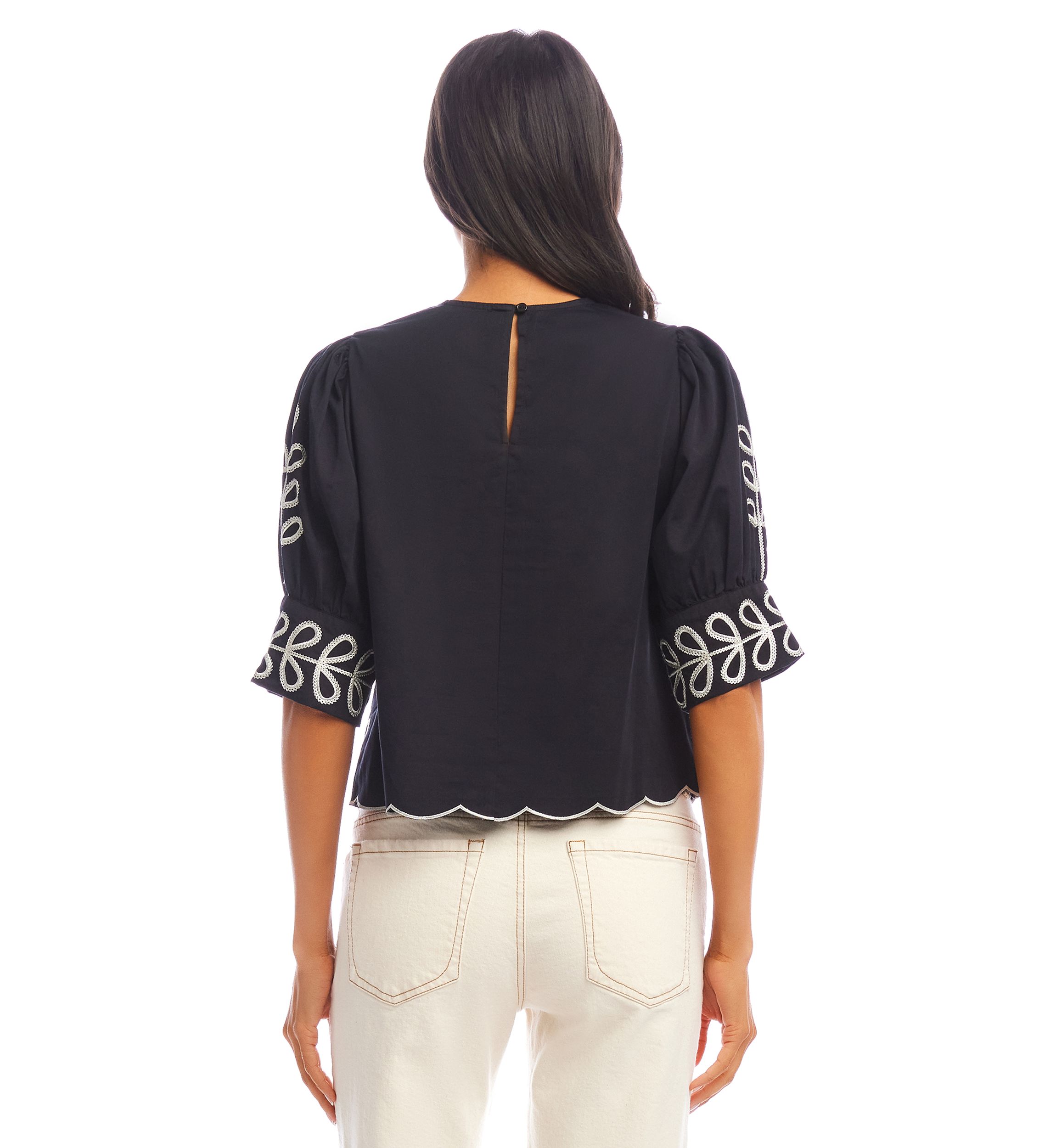 Womens Elbow Sleeve Embroidered Scallop Top