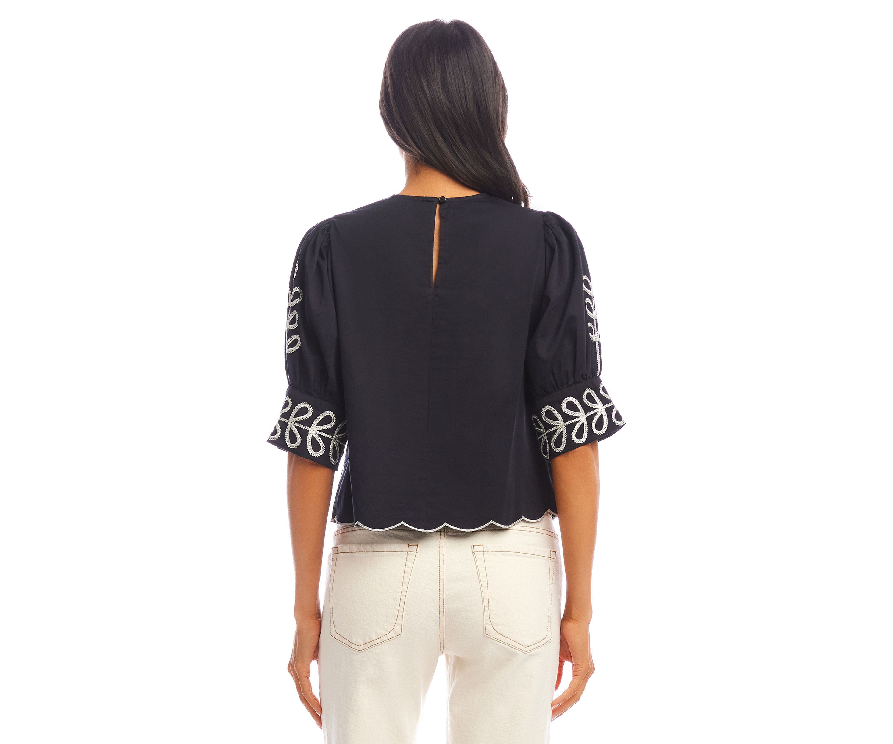 Womens Elbow Sleeve Embroidered Scallop Top