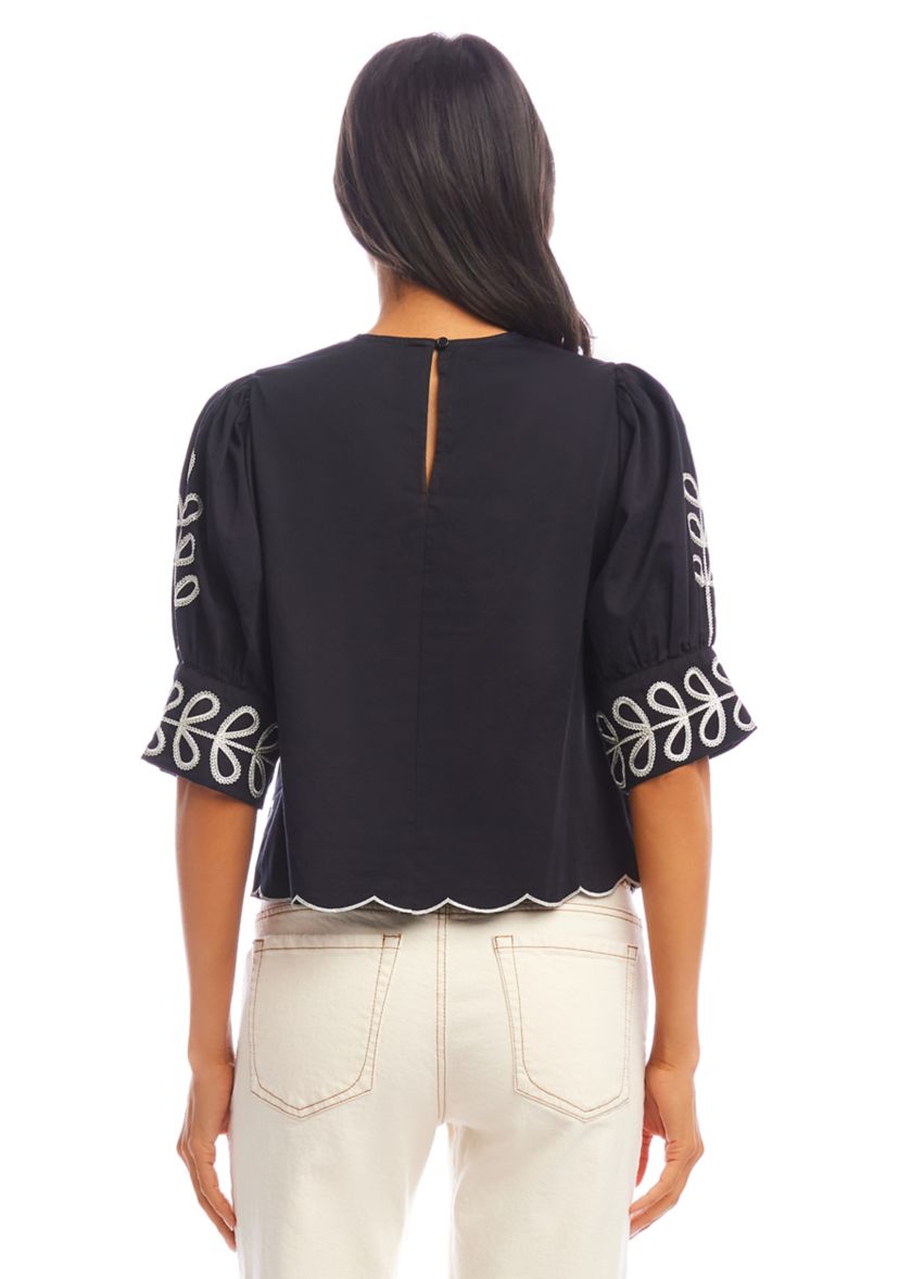 Womens Elbow Sleeve Embroidered Scallop Top