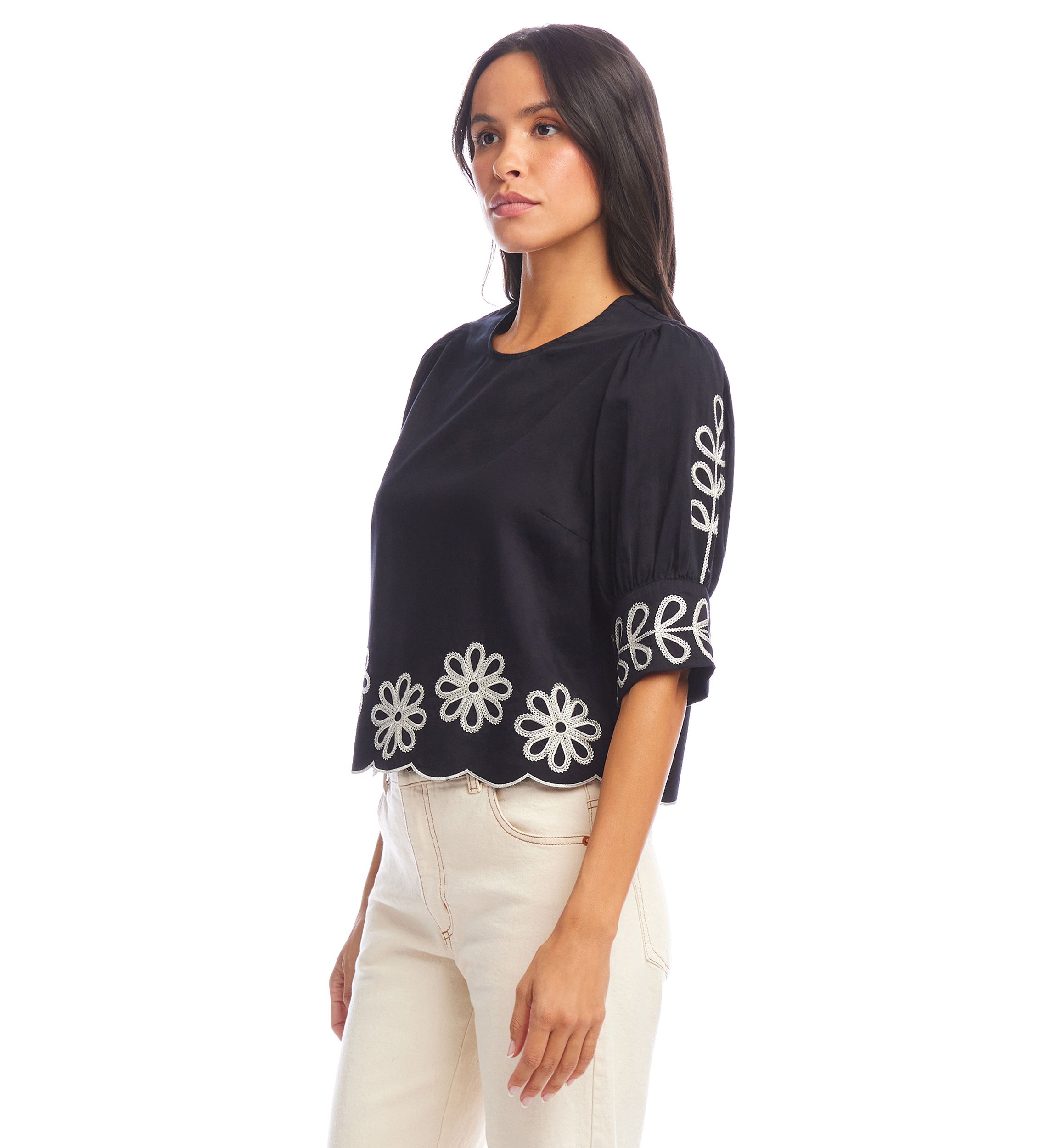 Womens Elbow Sleeve Embroidered Scallop Top