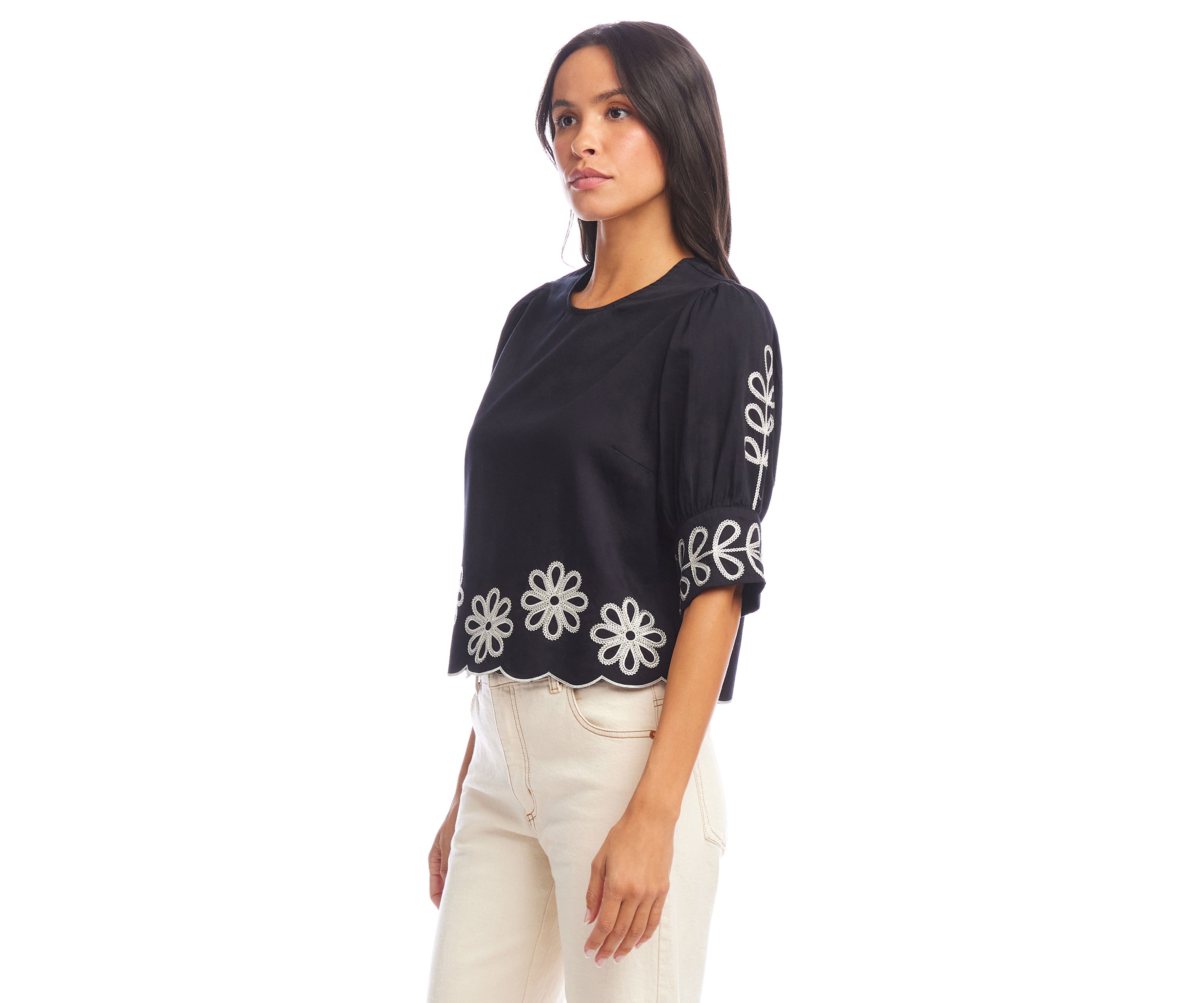 Womens Elbow Sleeve Embroidered Scallop Top