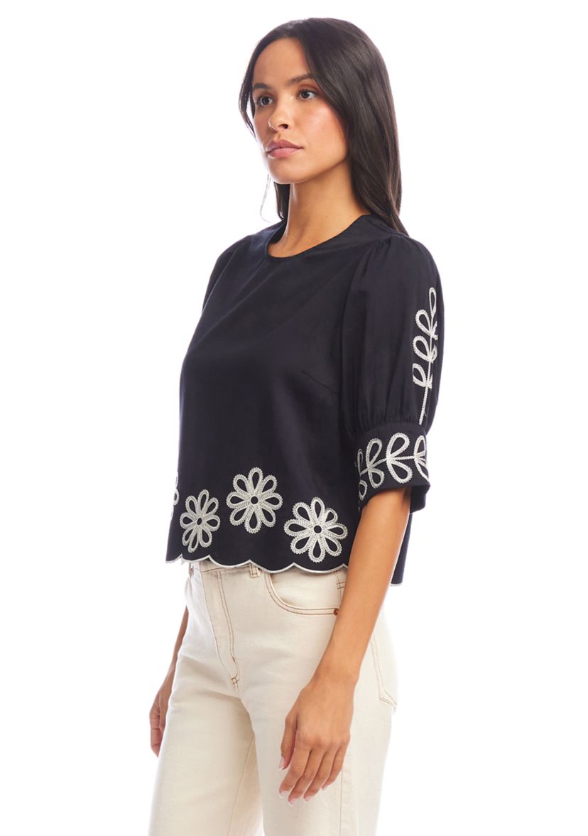 Womens Elbow Sleeve Embroidered Scallop Top