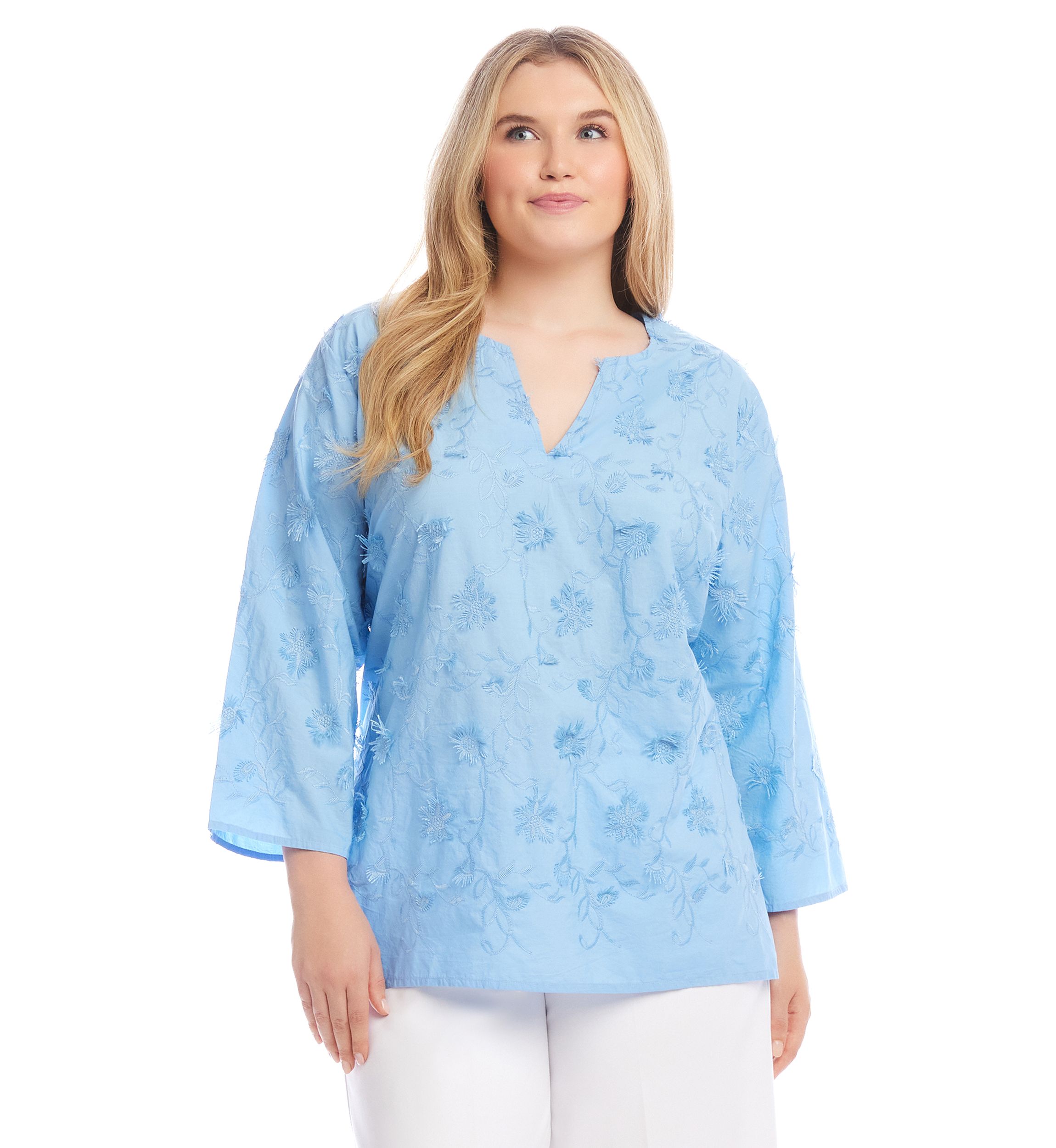 Plus Size 3/4 Sleeve Embroidered Tunic Top