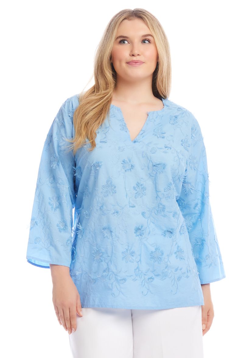 Plus Size 3/4 Sleeve Embroidered Tunic Top