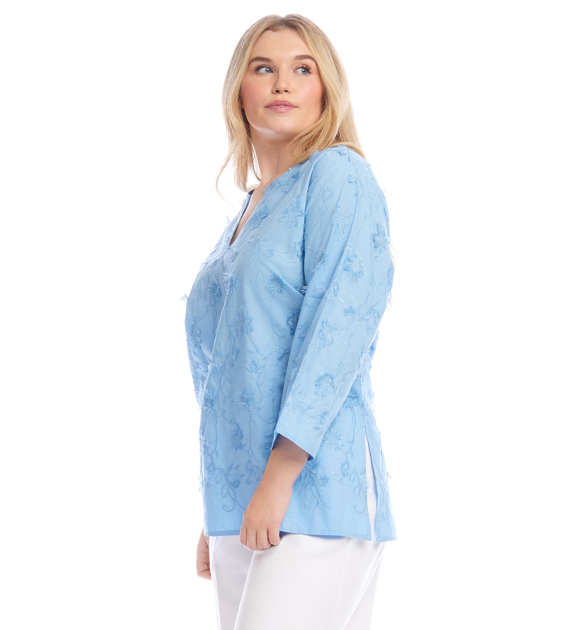Plus Size 3/4 Sleeve Embroidered Tunic Top