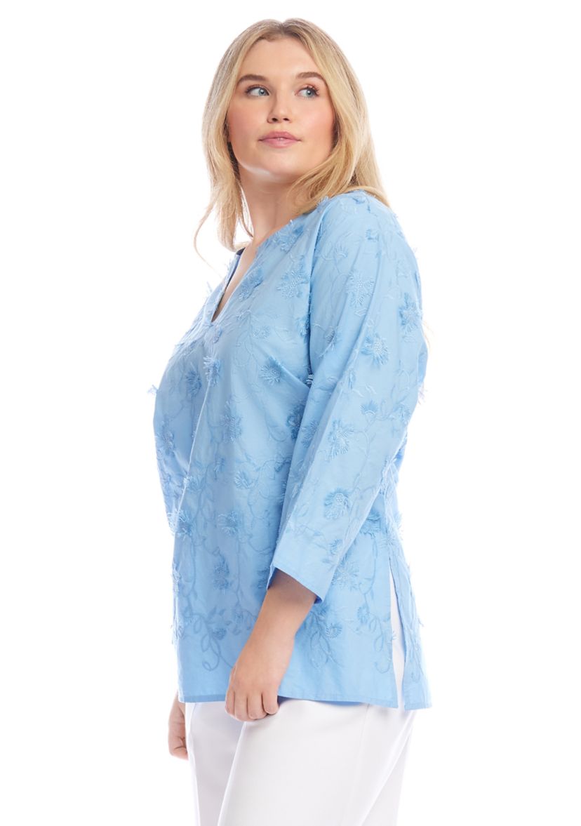 Plus Size 3/4 Sleeve Embroidered Tunic Top