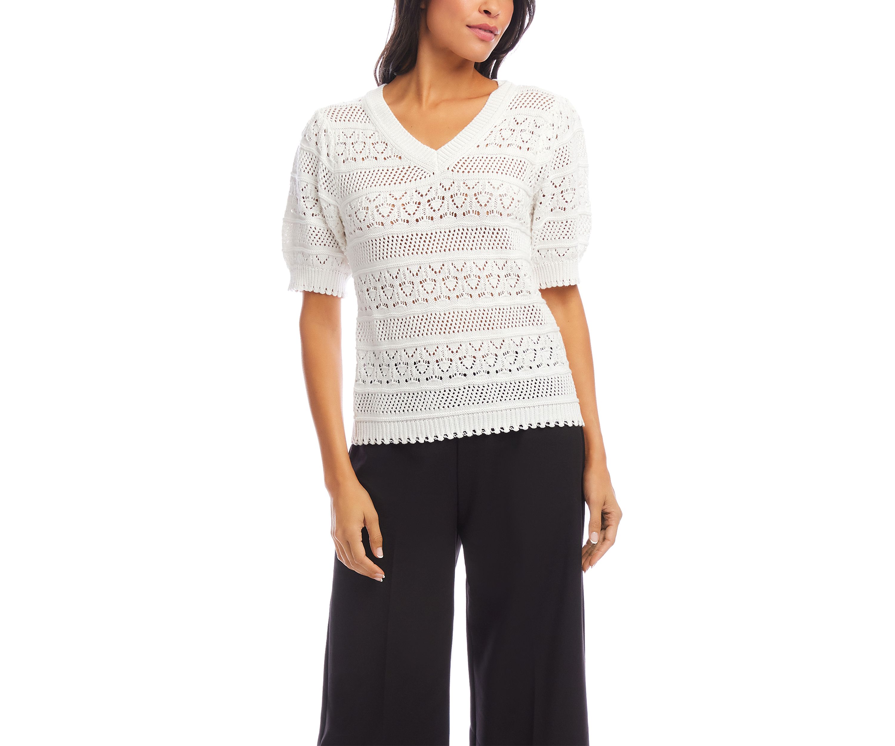 Womens Short Sleeve Crochet V-Neck Top