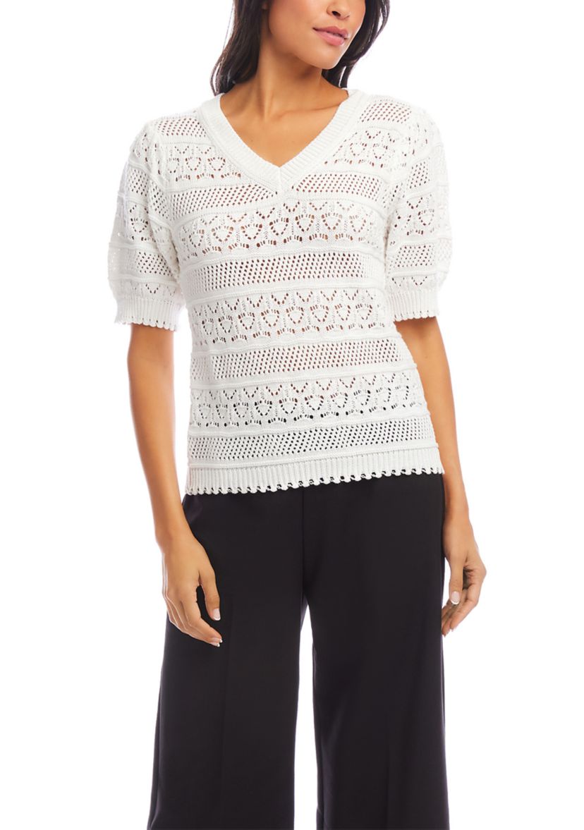 Womens Short Sleeve Crochet V-Neck Top