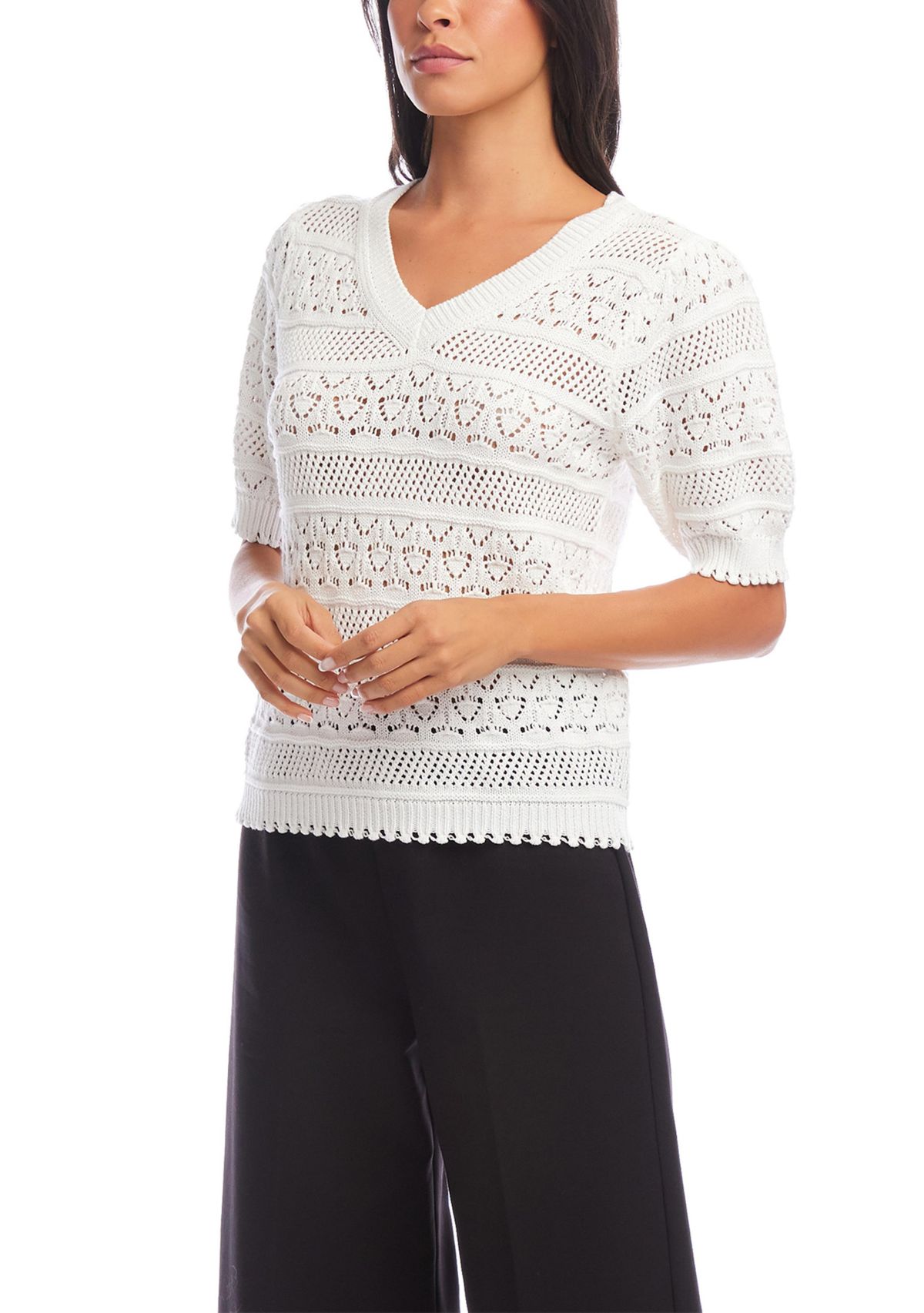 Womens Short Sleeve Crochet V-Neck Top