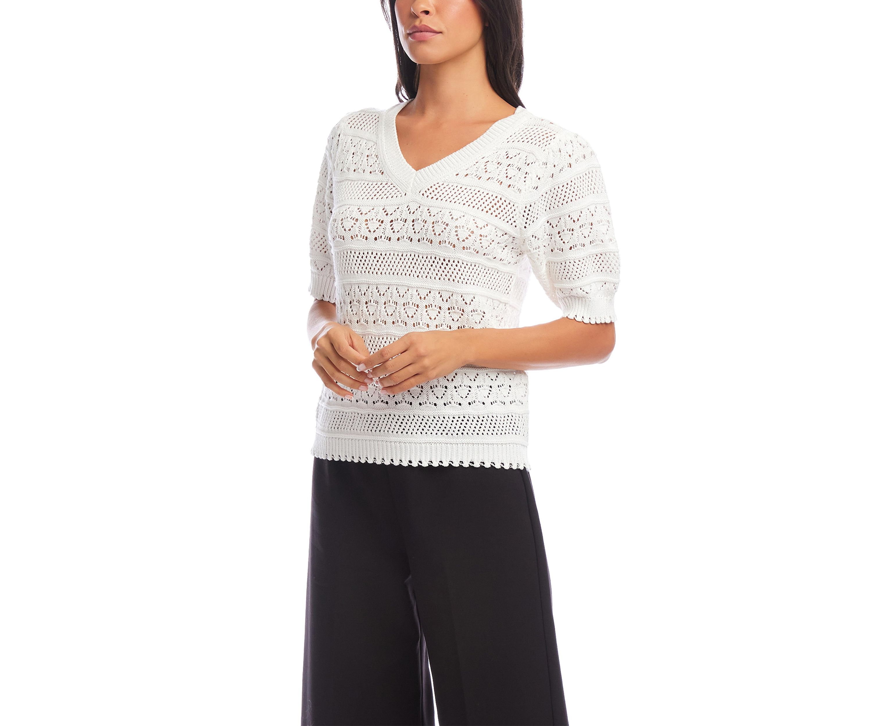 Womens Short Sleeve Crochet V-Neck Top