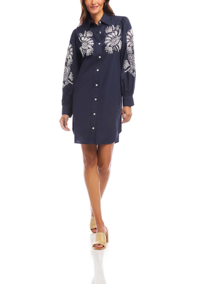 Womens Embroidered Puff Sleeve Shirtdress