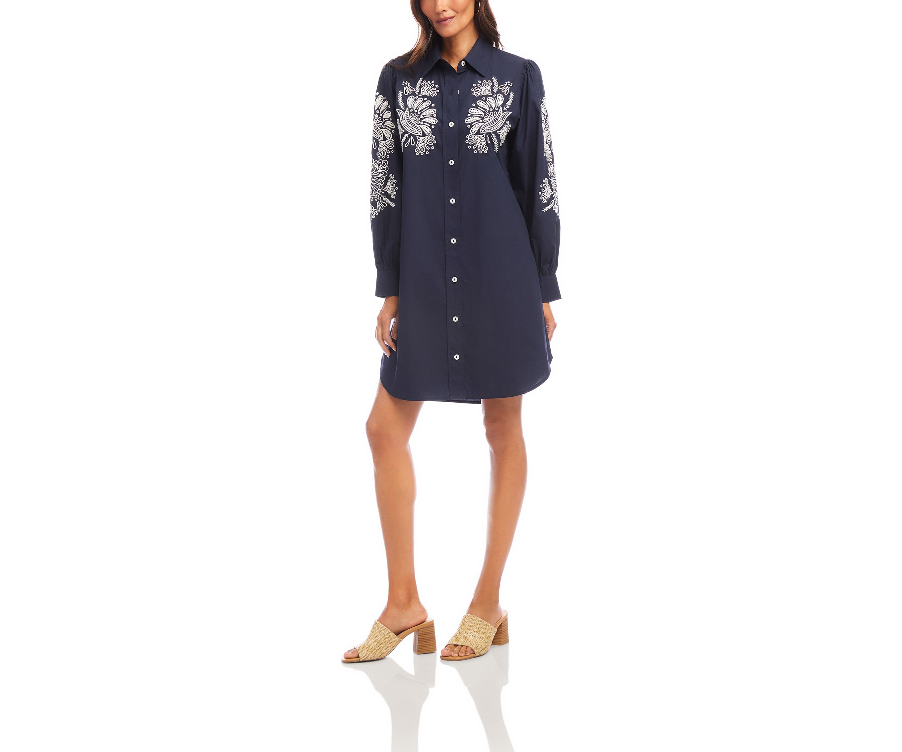 Womens Embroidered Puff Sleeve Shirtdress