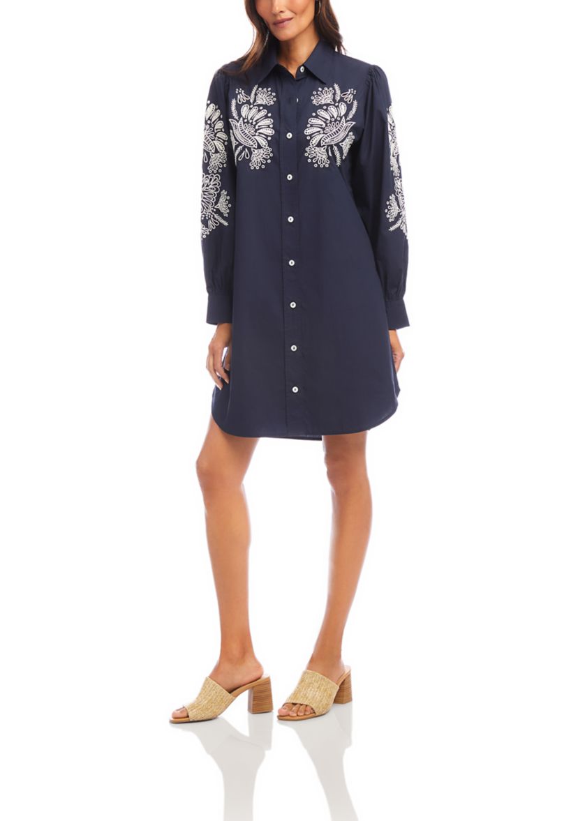 Womens Embroidered Puff Sleeve Shirtdress
