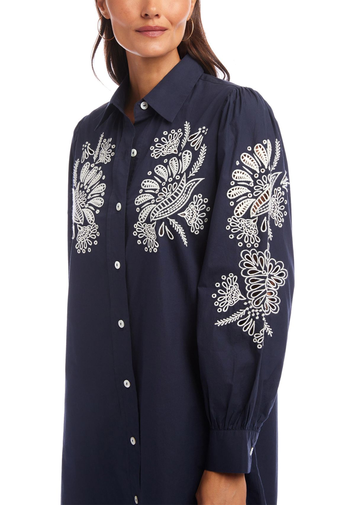Womens Embroidered Puff Sleeve Shirtdress