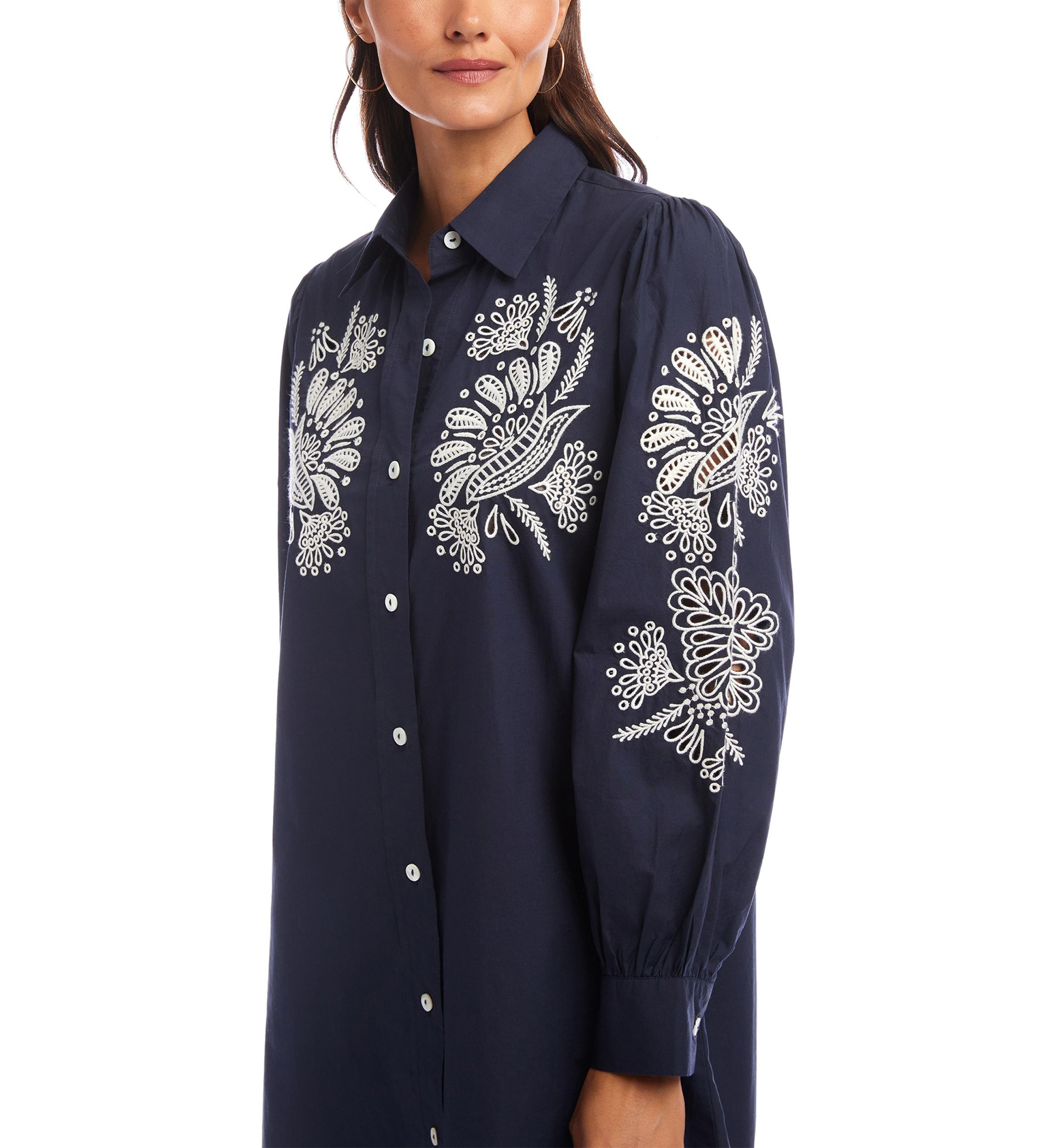 Womens Embroidered Puff Sleeve Shirtdress