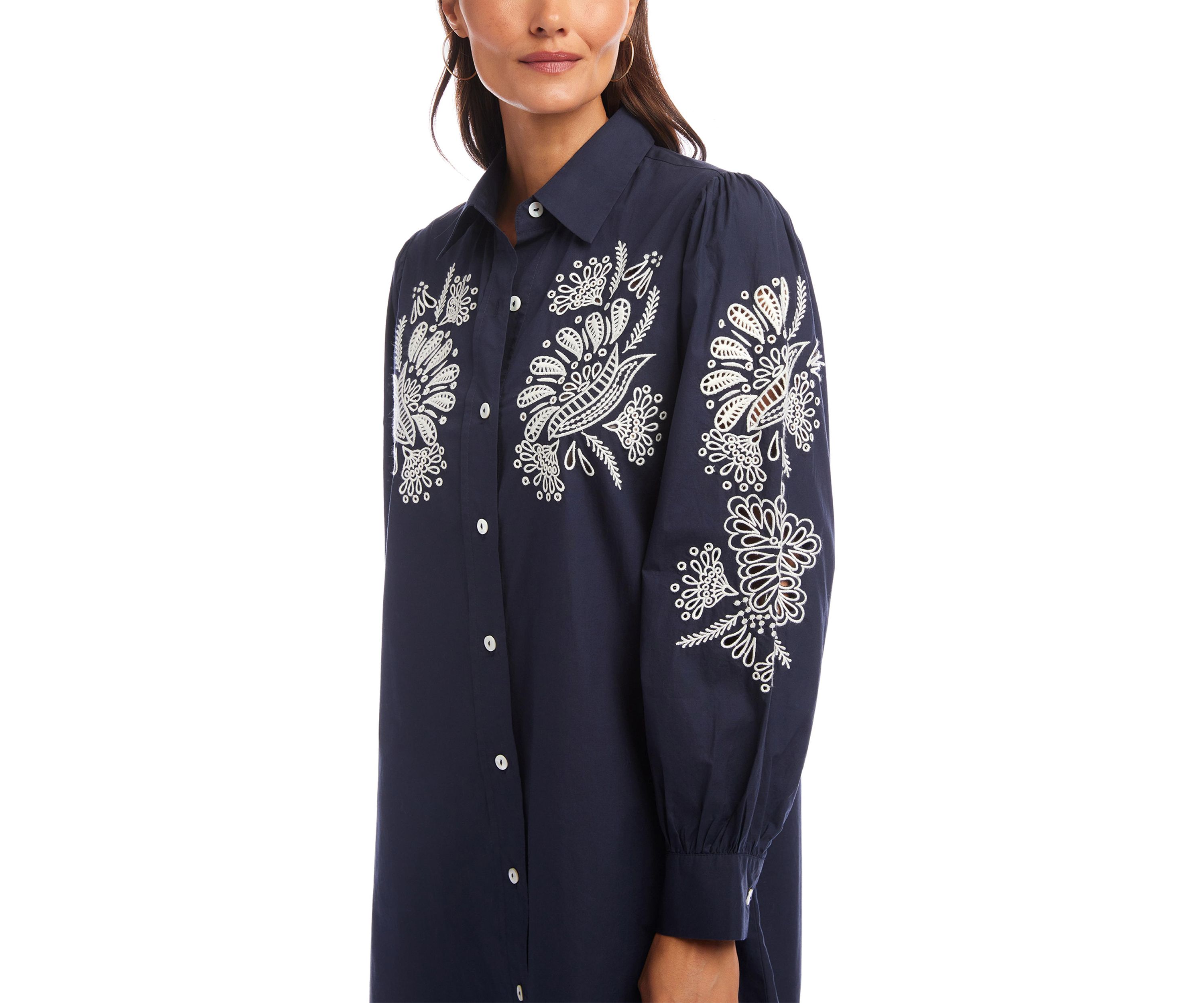 Womens Embroidered Puff Sleeve Shirtdress