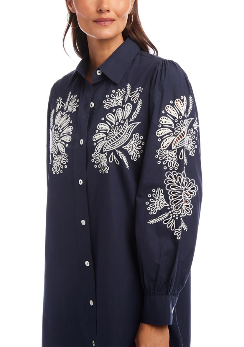 Womens Embroidered Puff Sleeve Shirtdress