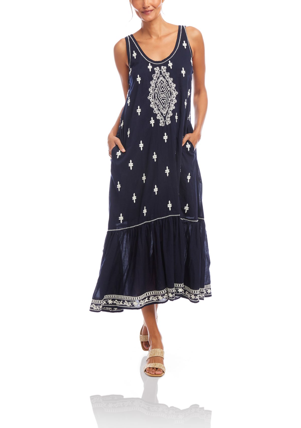Womens Embroidered Sleeveless Midi Dress