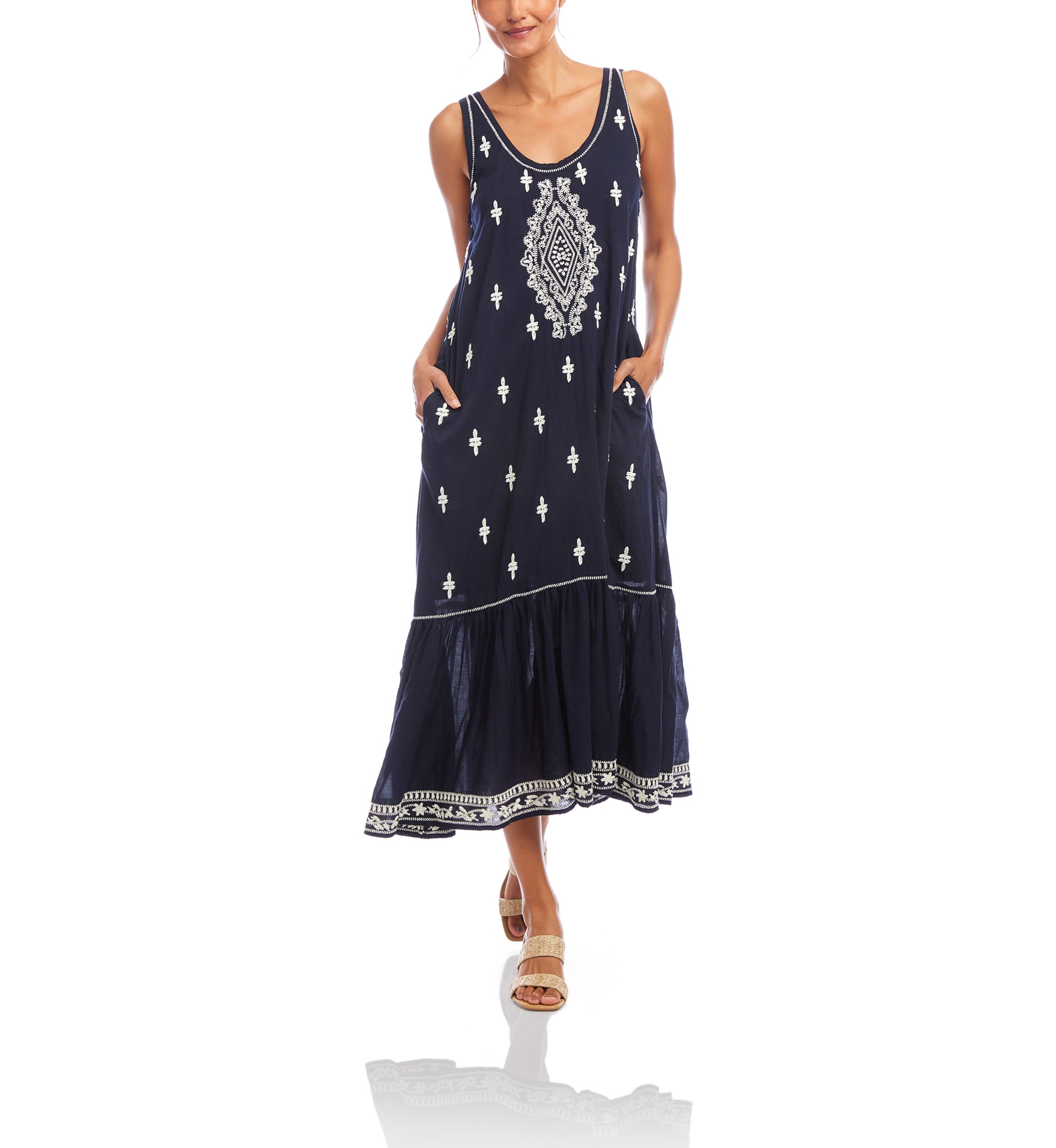 Womens Embroidered Sleeveless Midi Dress