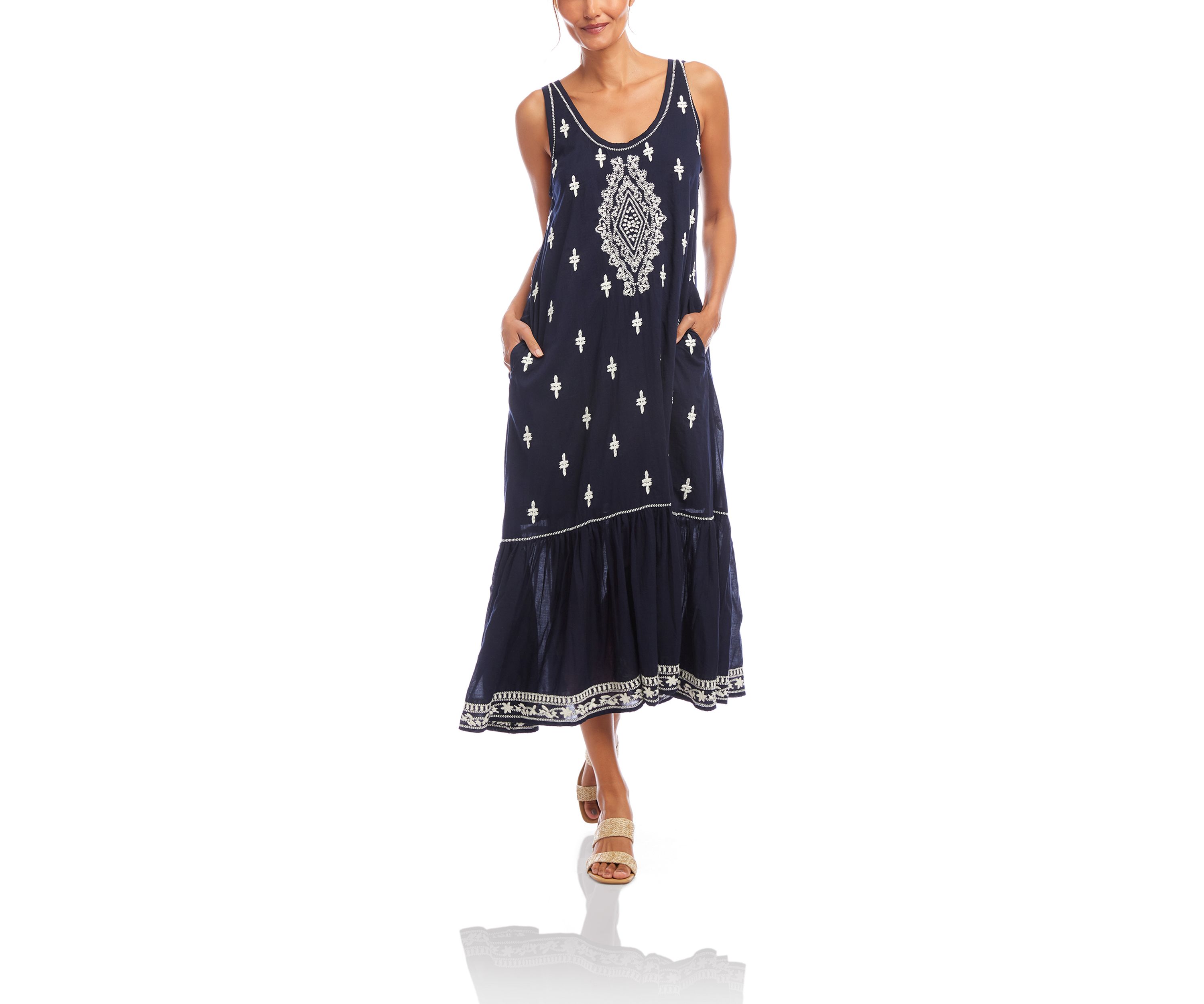 Womens Embroidered Sleeveless Midi Dress