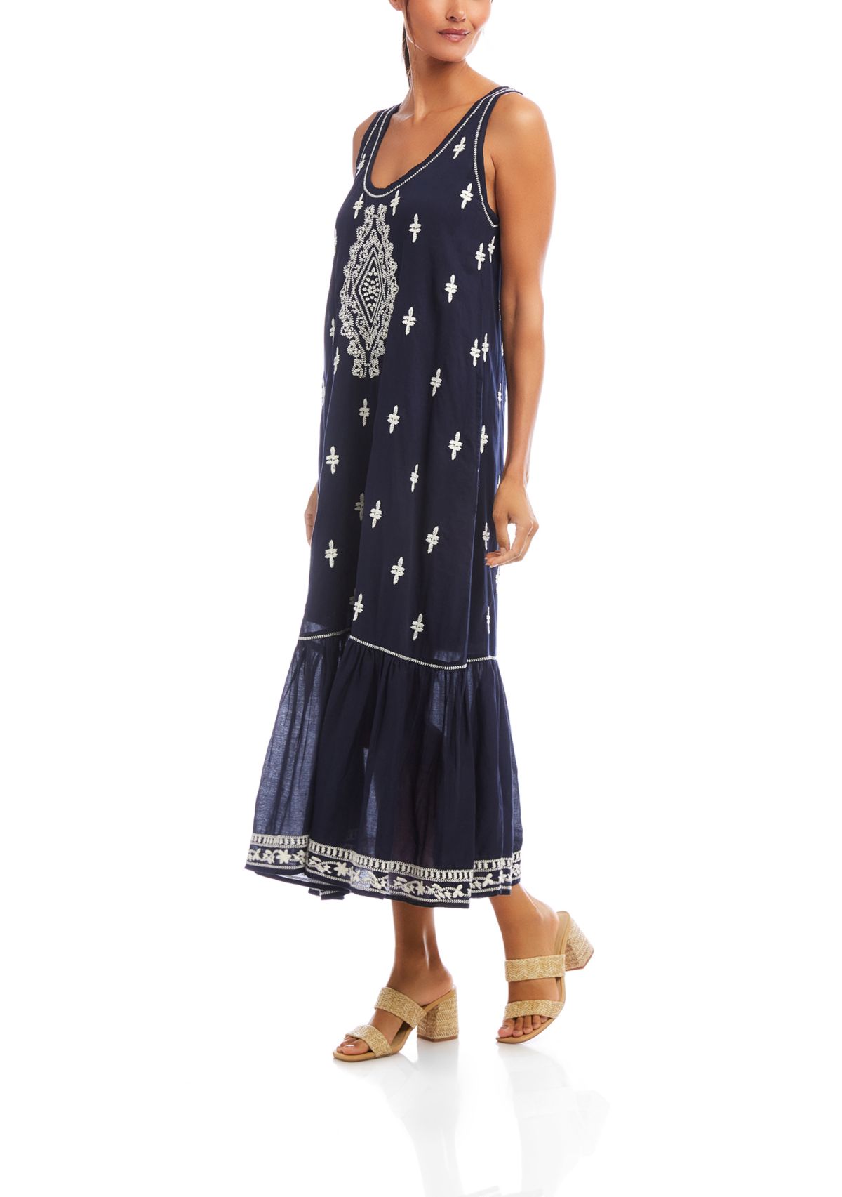 Womens Embroidered Sleeveless Midi Dress