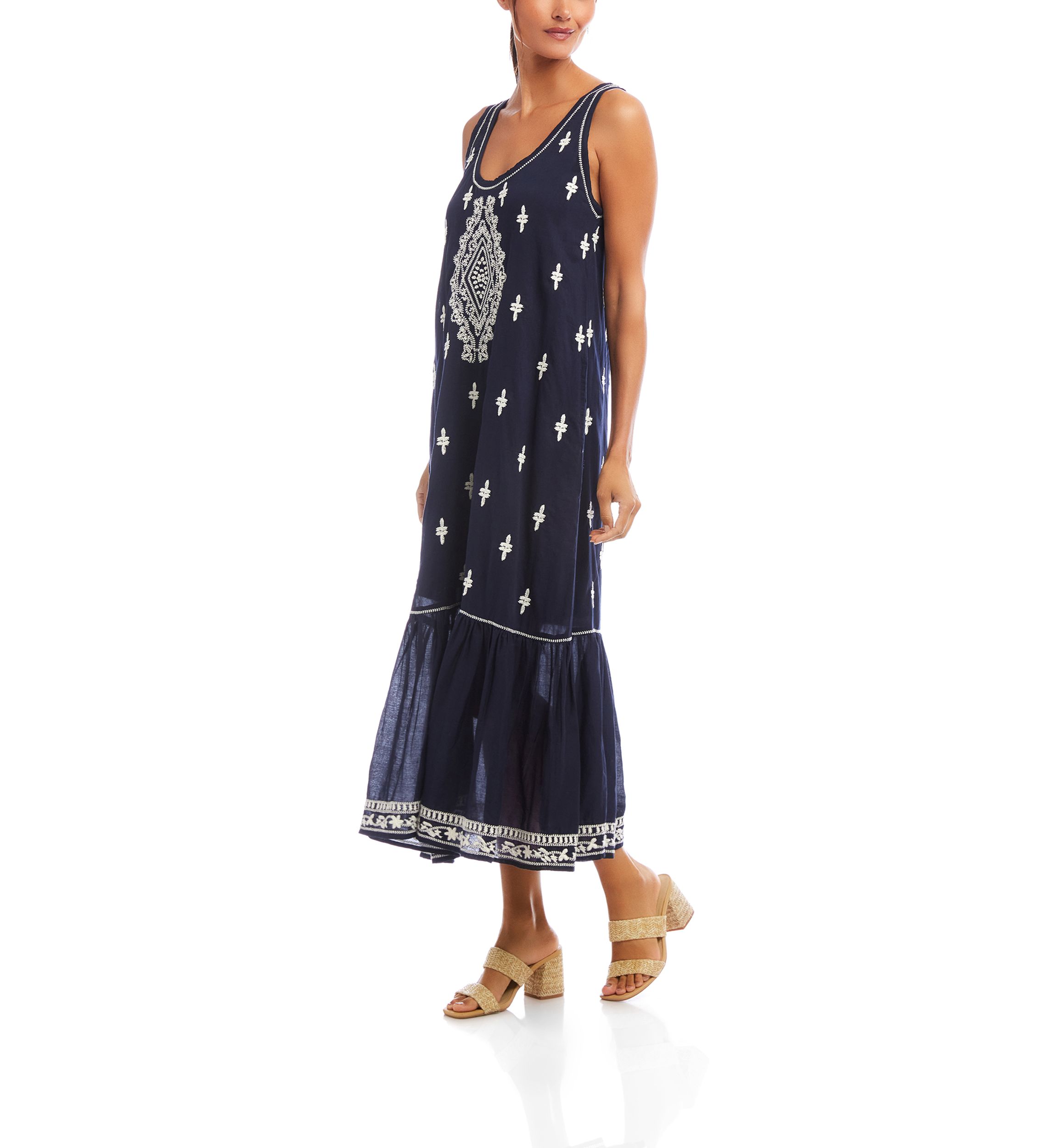 Womens Embroidered Sleeveless Midi Dress