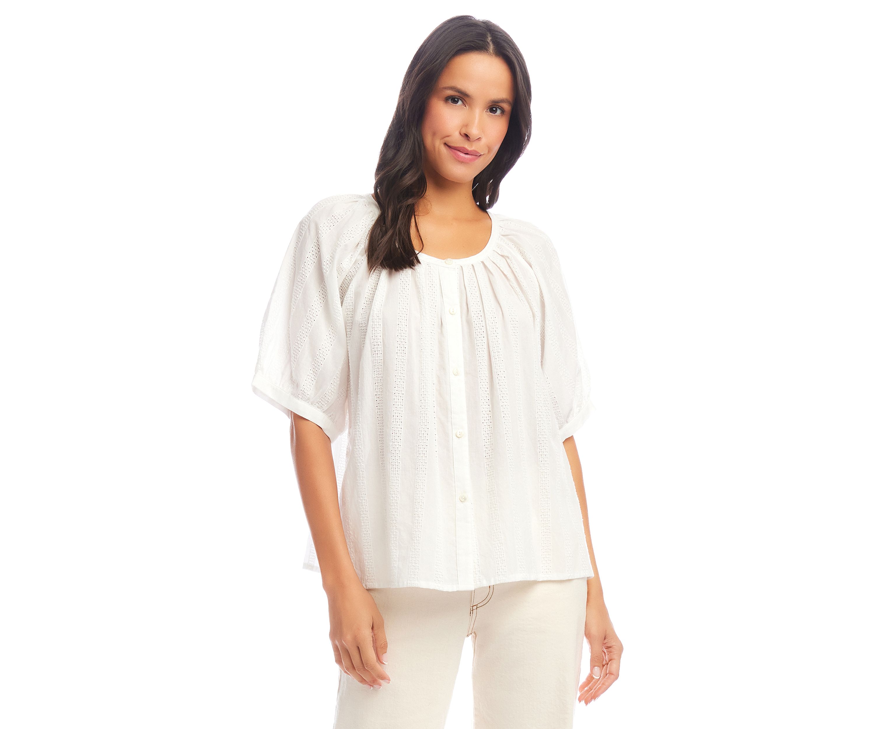 Petite Short Sleeve Embroidered Peasant Top