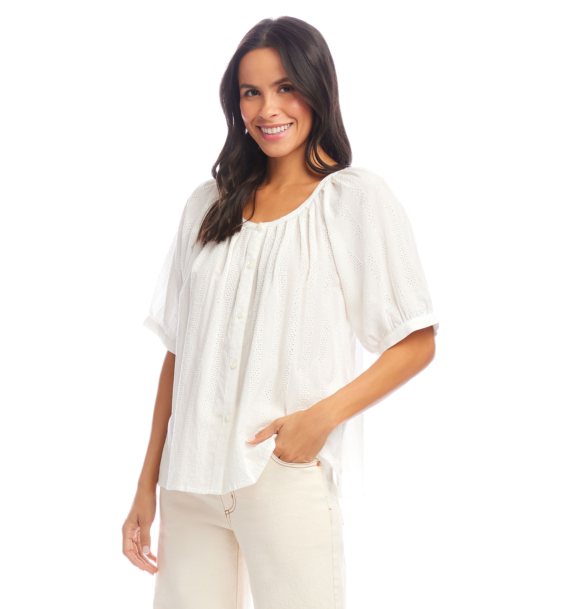 Petite Short Sleeve Embroidered Peasant Top