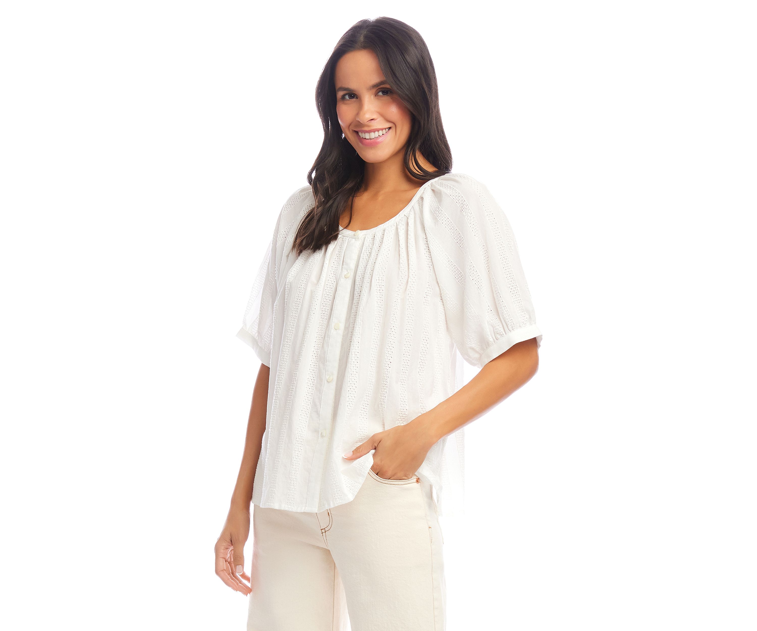 Petite Short Sleeve Embroidered Peasant Top