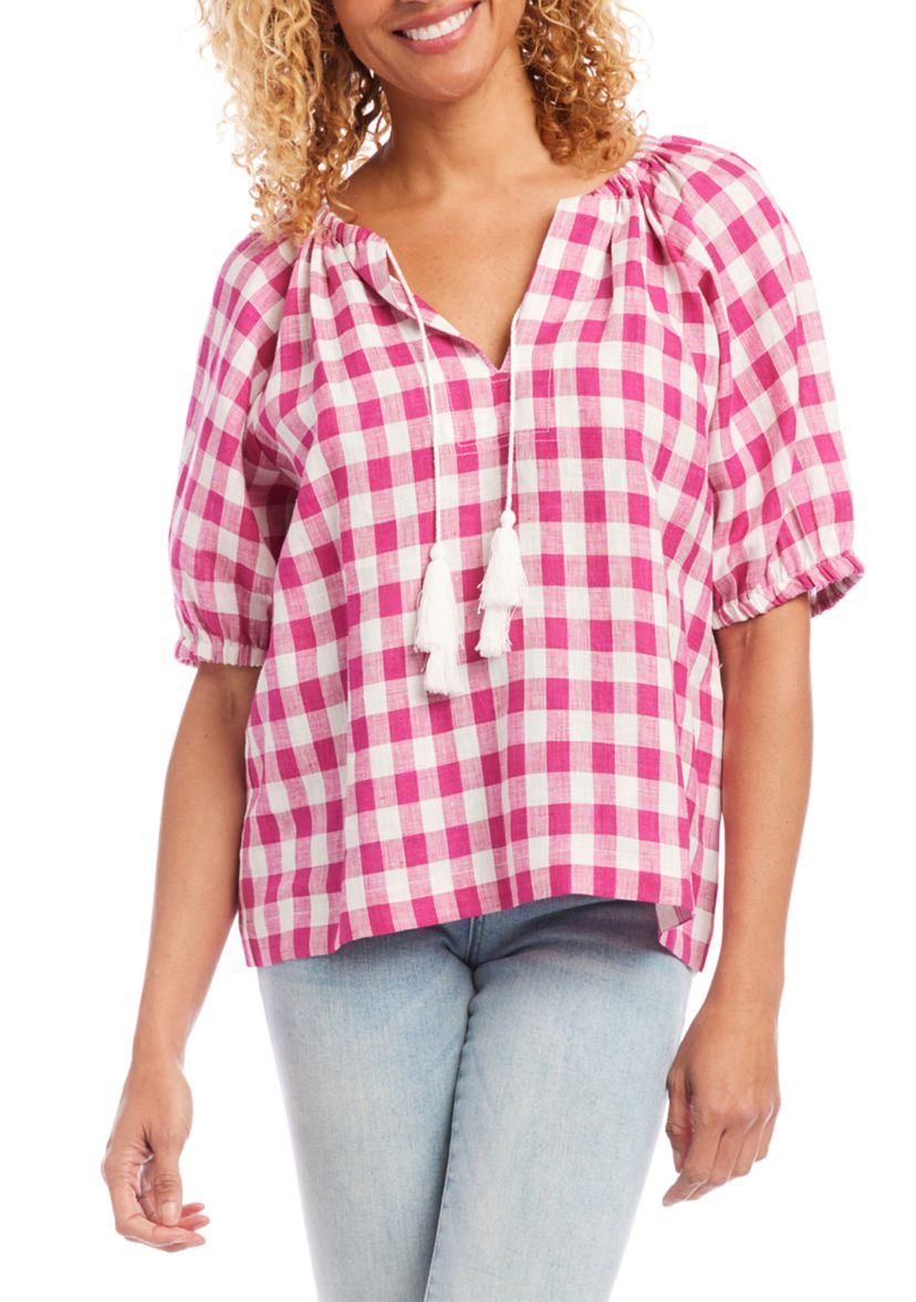 Womens Check Peasant Top