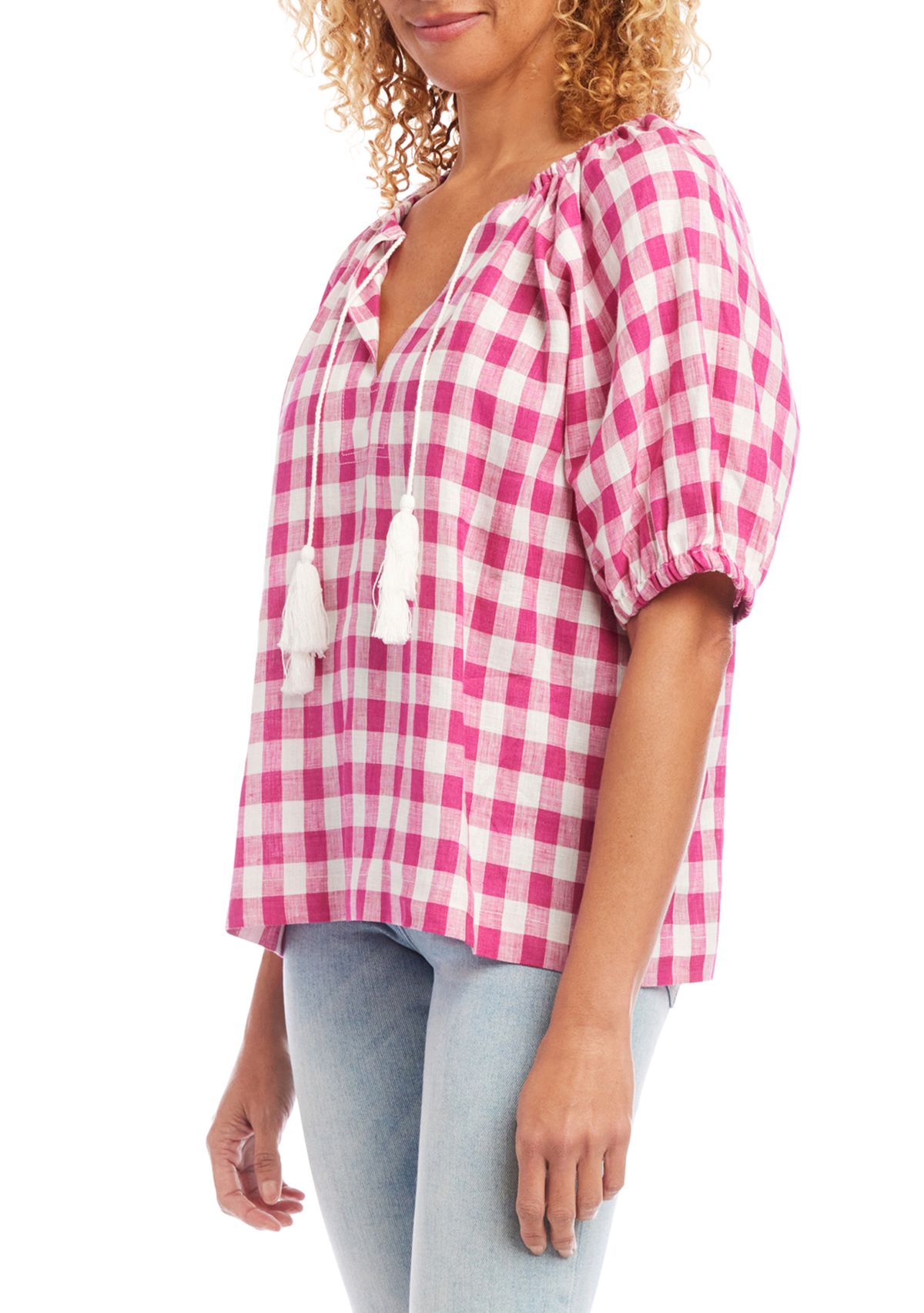 Womens Check Peasant Top