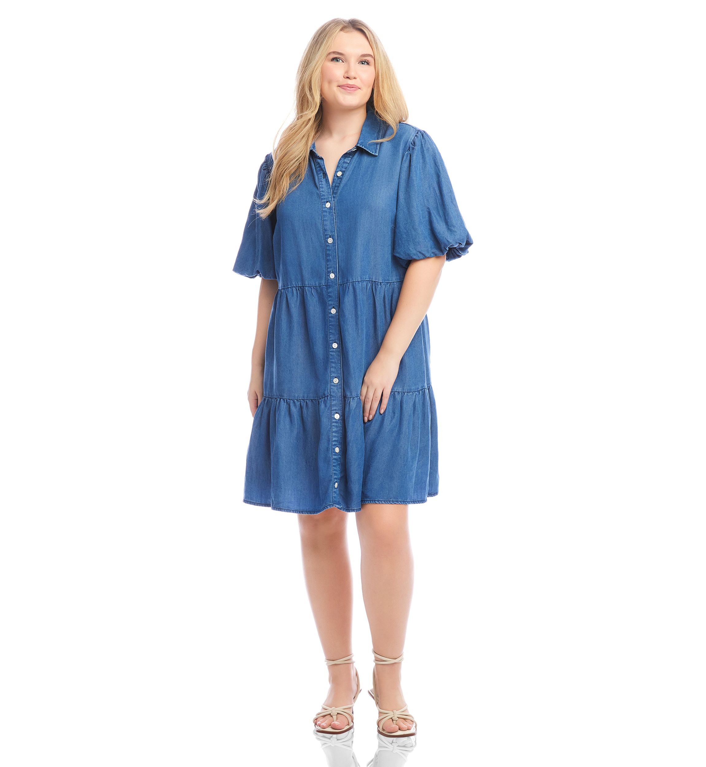 Plus Size Puff Sleeve Tiered Shirtdress