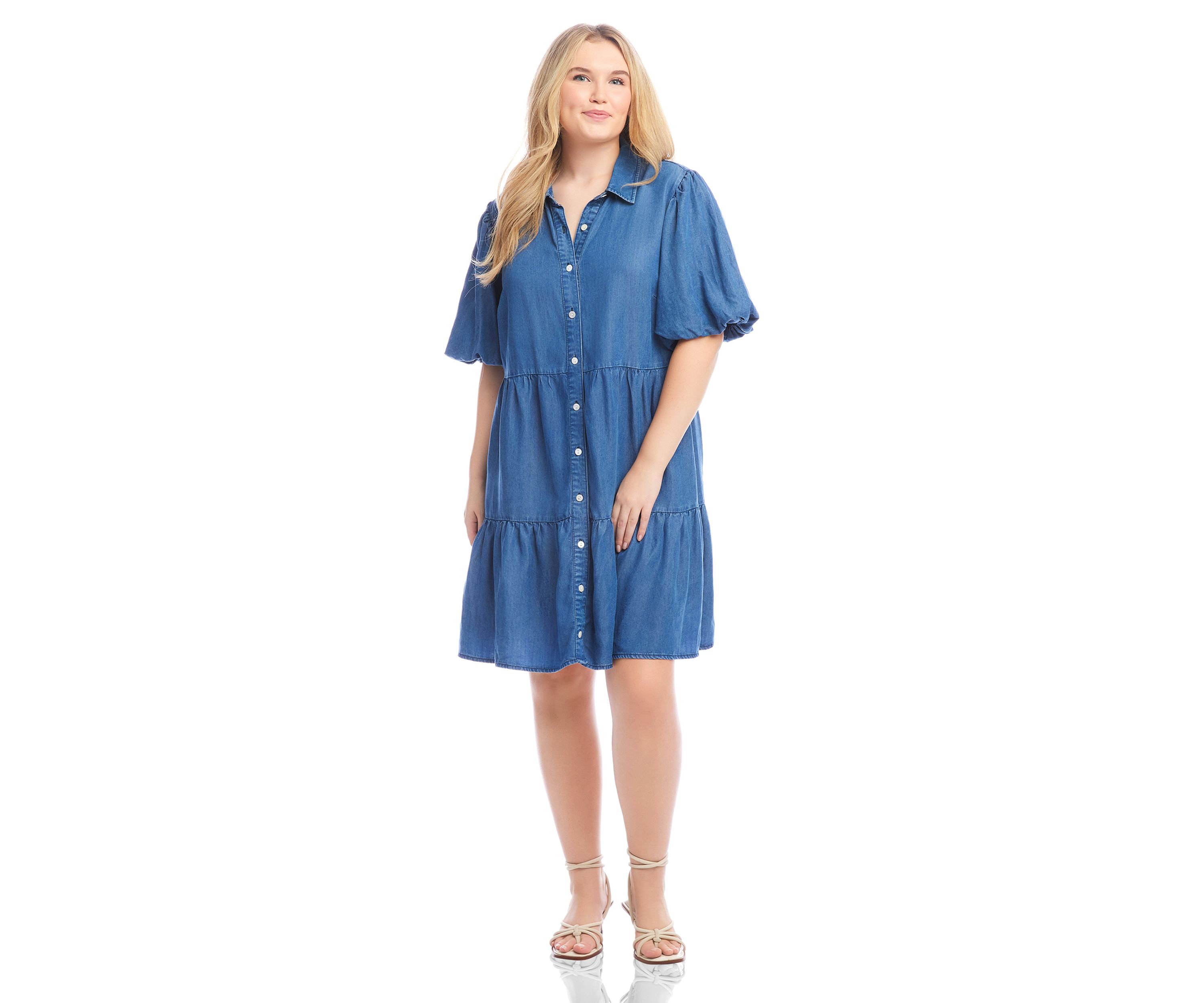 Plus Size Puff Sleeve Tiered Shirtdress